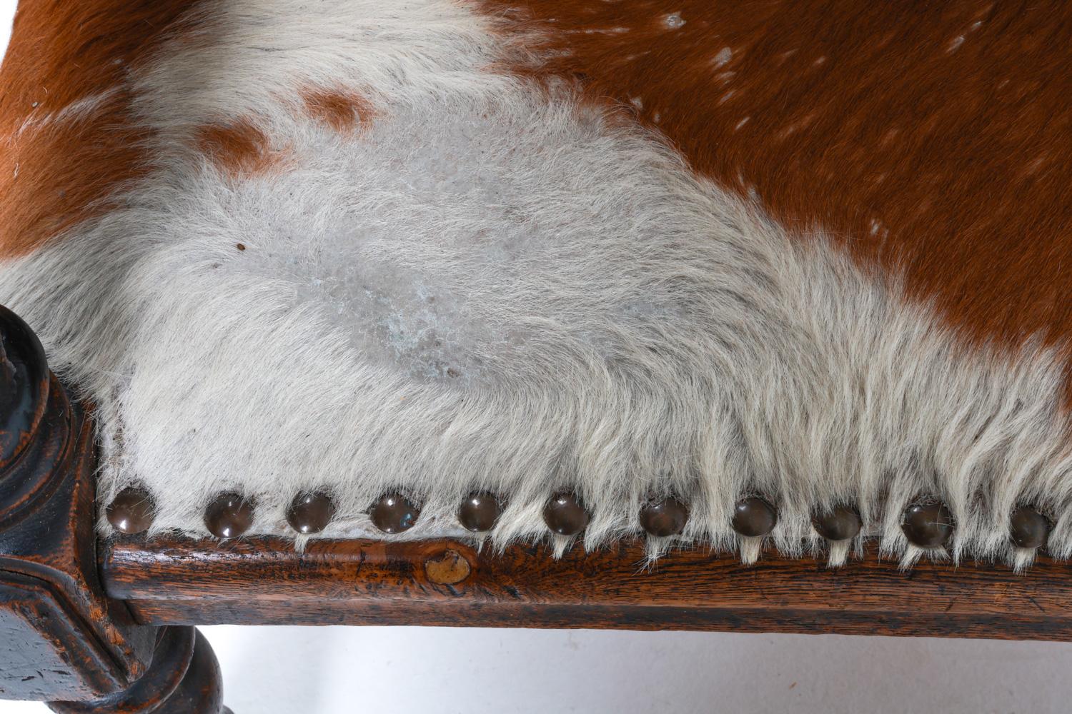Antique Scandinavian Oak Settle Bench w/ Cowhide, 18th C. For Sale 10