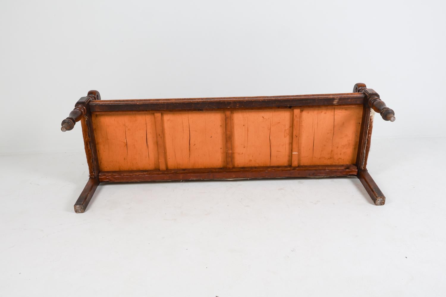 Antique Scandinavian Oak Settle Bench w/ Cowhide, 18th C. For Sale 13