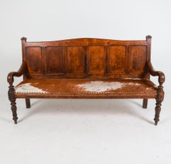Antique Scandinavian Oak Settle Bench w/ Cowhide, 18th C.