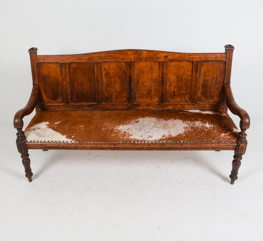Baroque Antique Scandinavian Oak Settle Bench w/ Cowhide, 18th C. For Sale