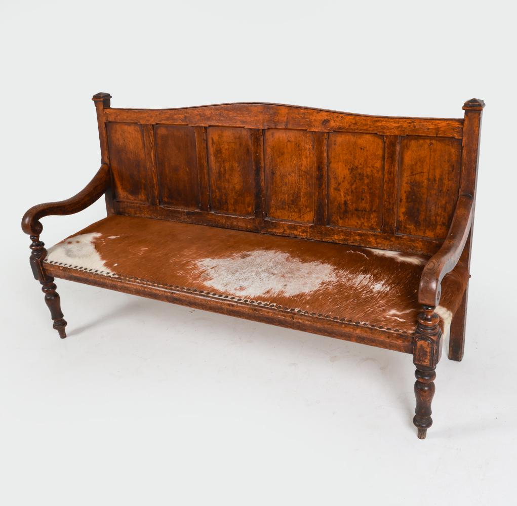Danish Antique Scandinavian Oak Settle Bench w/ Cowhide, 18th C. For Sale