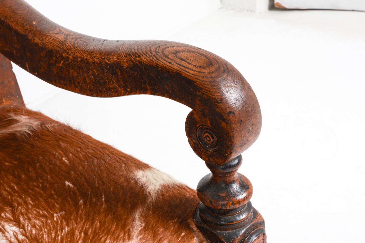 18th Century and Earlier Antique Scandinavian Oak Settle Bench w/ Cowhide, 18th C. For Sale