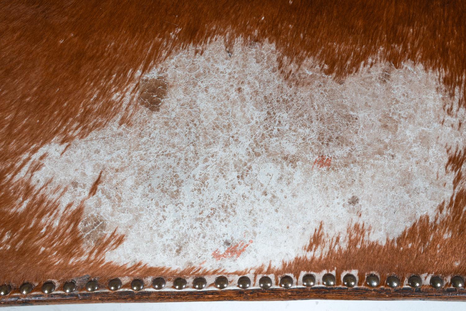 Antique Scandinavian Oak Settle Bench w/ Cowhide, 18th C. For Sale 1