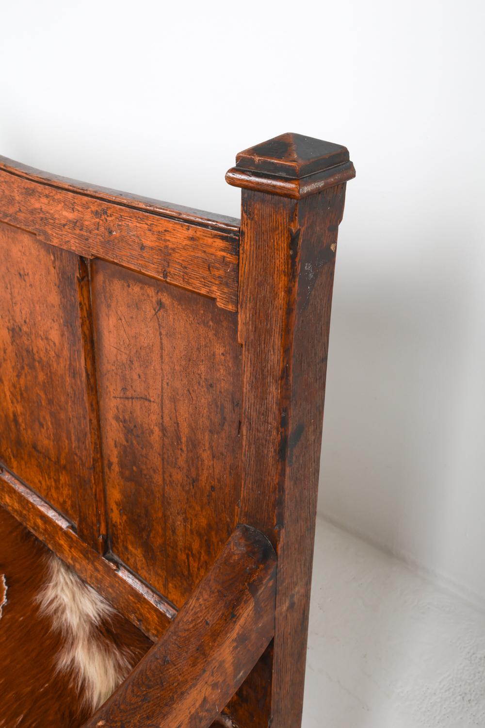 Antique Scandinavian Oak Settle Bench w/ Cowhide, 18th C. For Sale 2