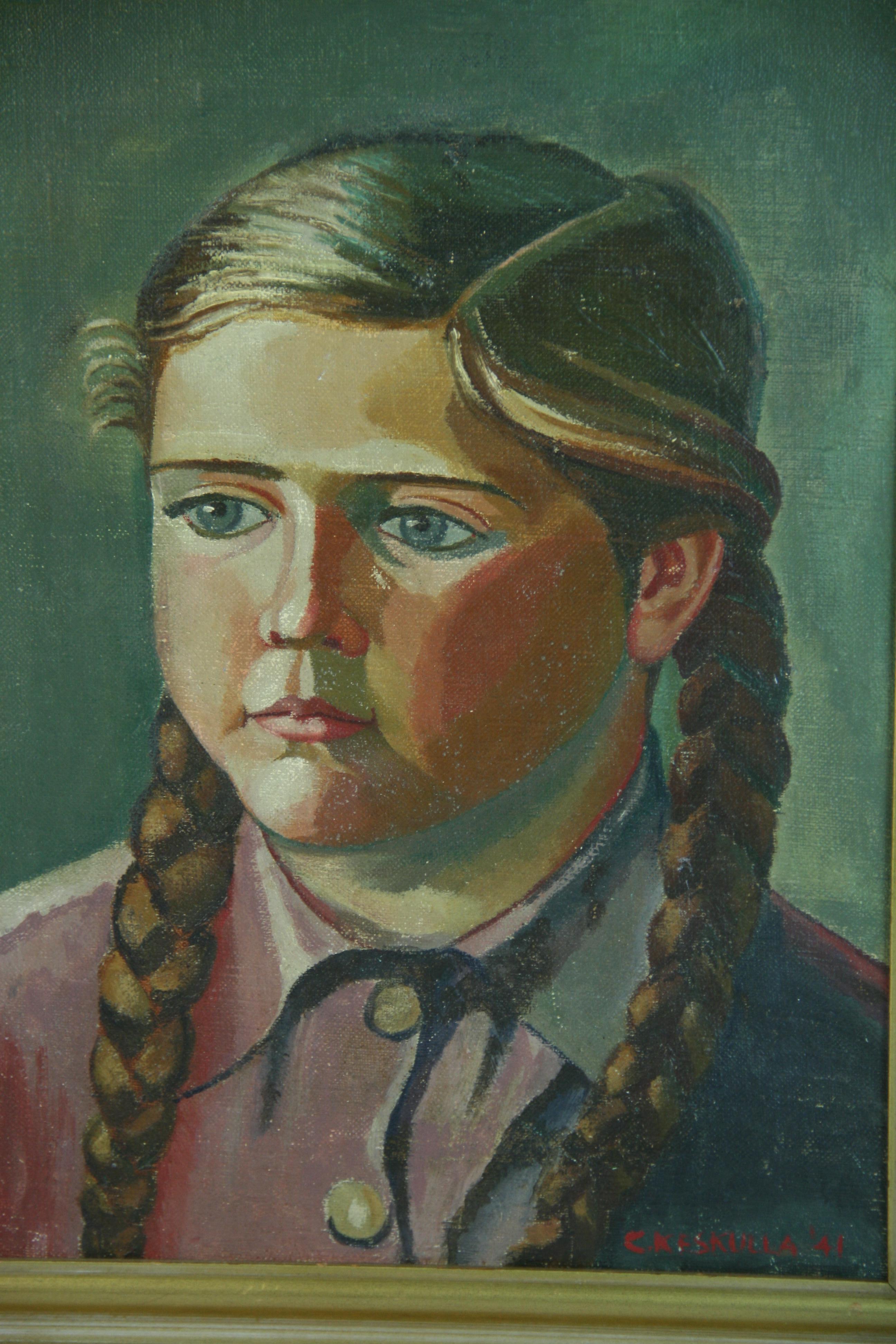 Antique Scandinavian  Oil Painting Of A Young Girl by C.Keskulla 1941 In Good Condition For Sale In Douglas Manor, NY
