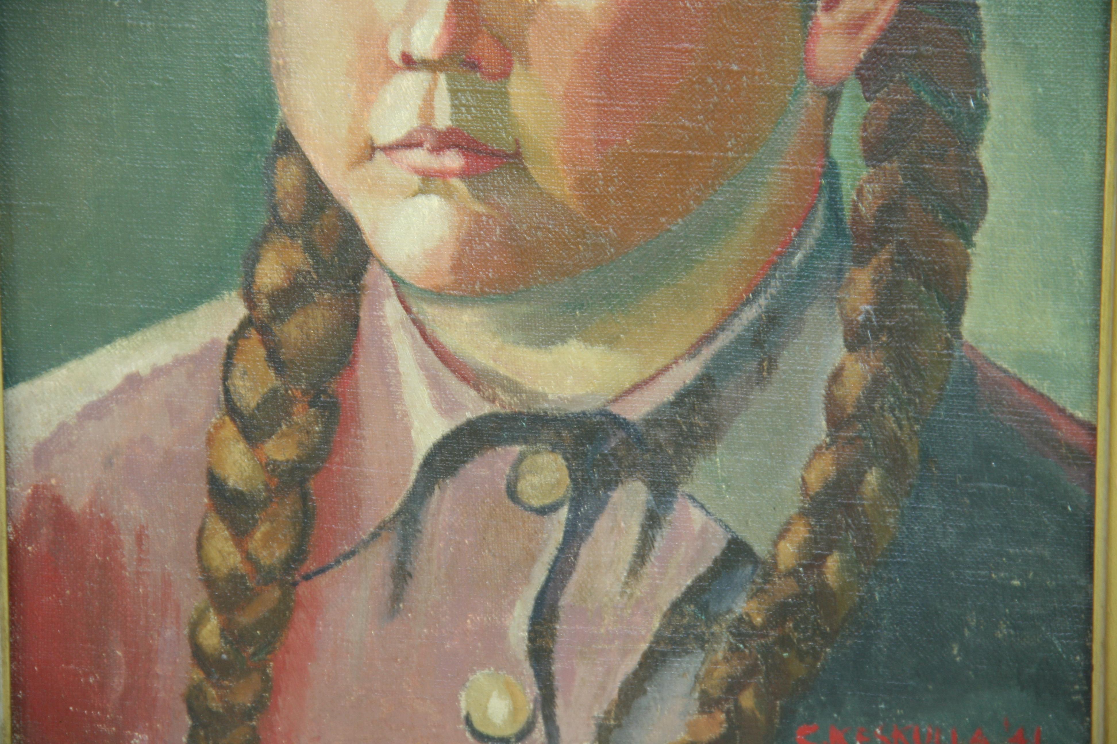 Antique Scandinavian  Oil Painting Of A Young Girl by C.Keskulla 1941 For Sale 1