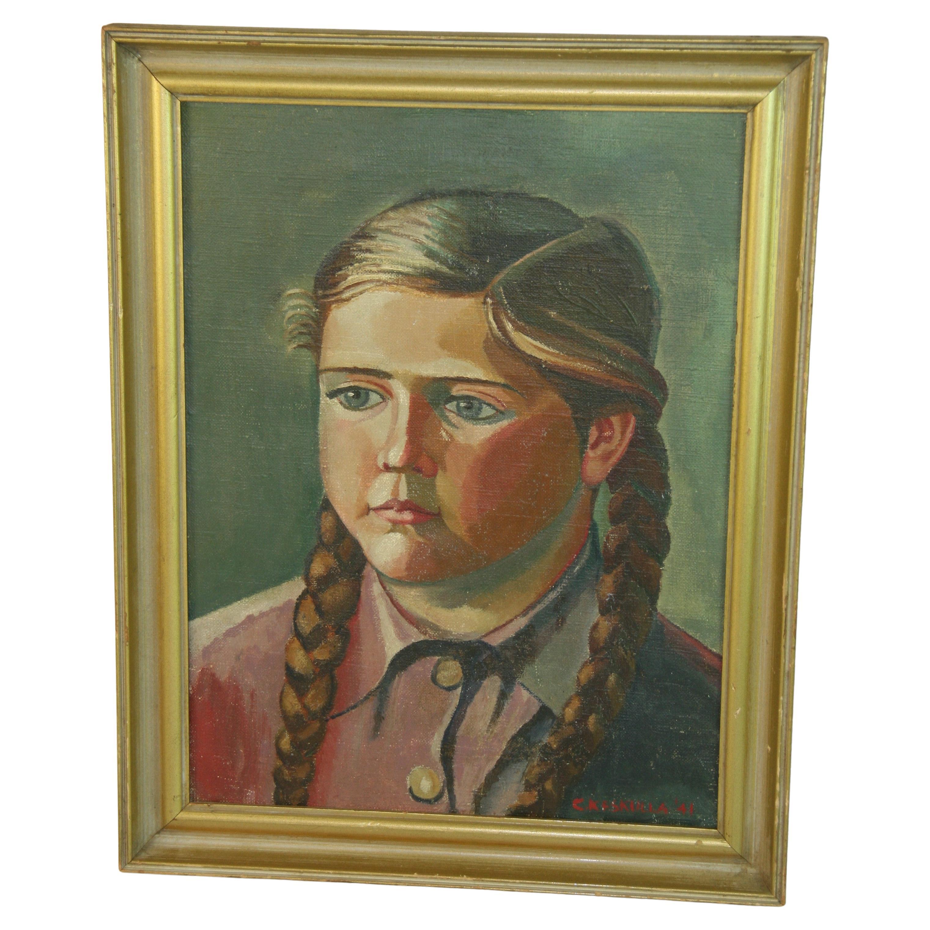 Antique Scandinavian  Oil Painting Of A Young Girl by C.Keskulla 1941 For Sale