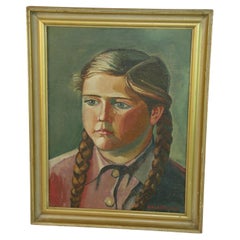 Antico scandinavo  Pittura ad olio di una giovane ragazza di C.C. 1941
