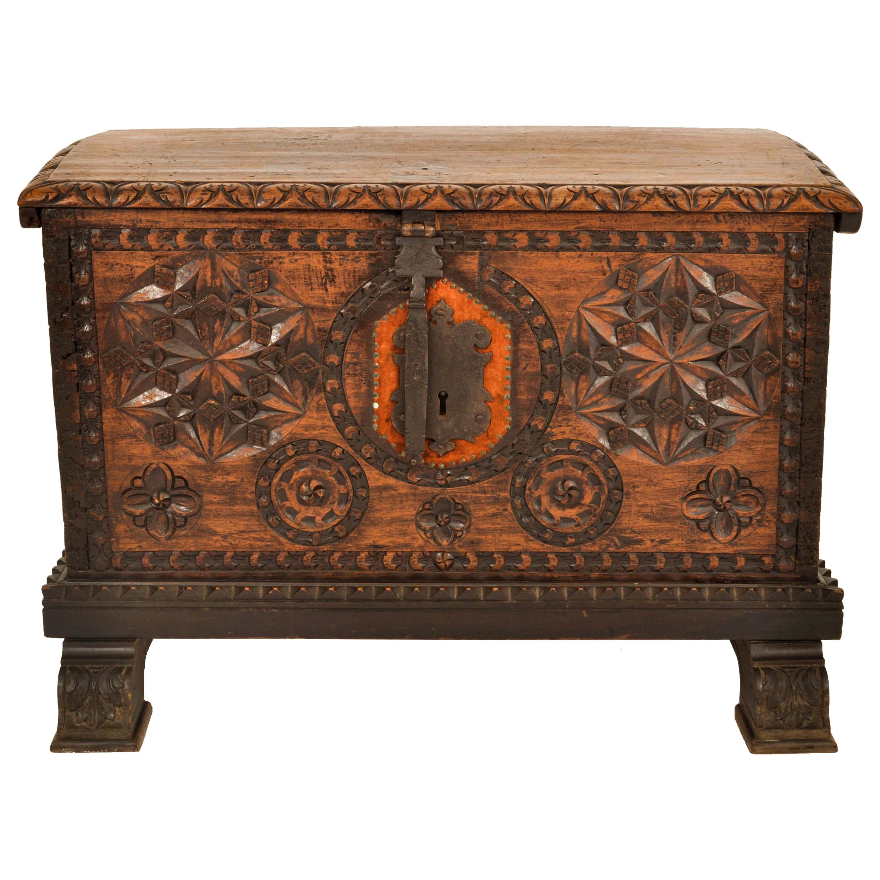 Late 18th Century Antique Scandinavian Pine Baroque Folk Art Carved Dowry Chest Trunk Coffer 1780 For Sale