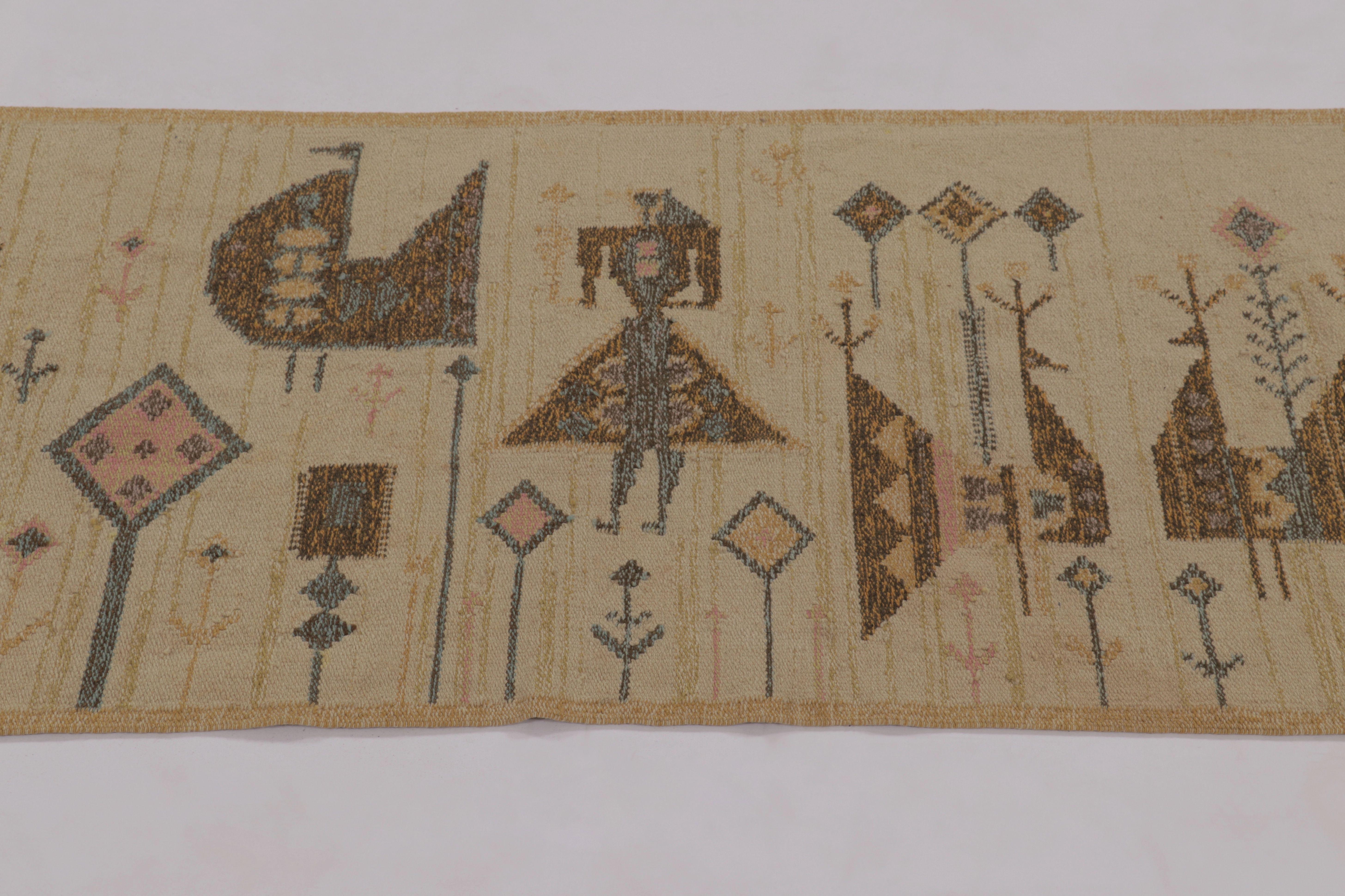 Antiker skandinavischer Läufer, schwedisches Flachgewebe mit Volkskunst - Rug & Kilim (Skandinavische Moderne) im Angebot