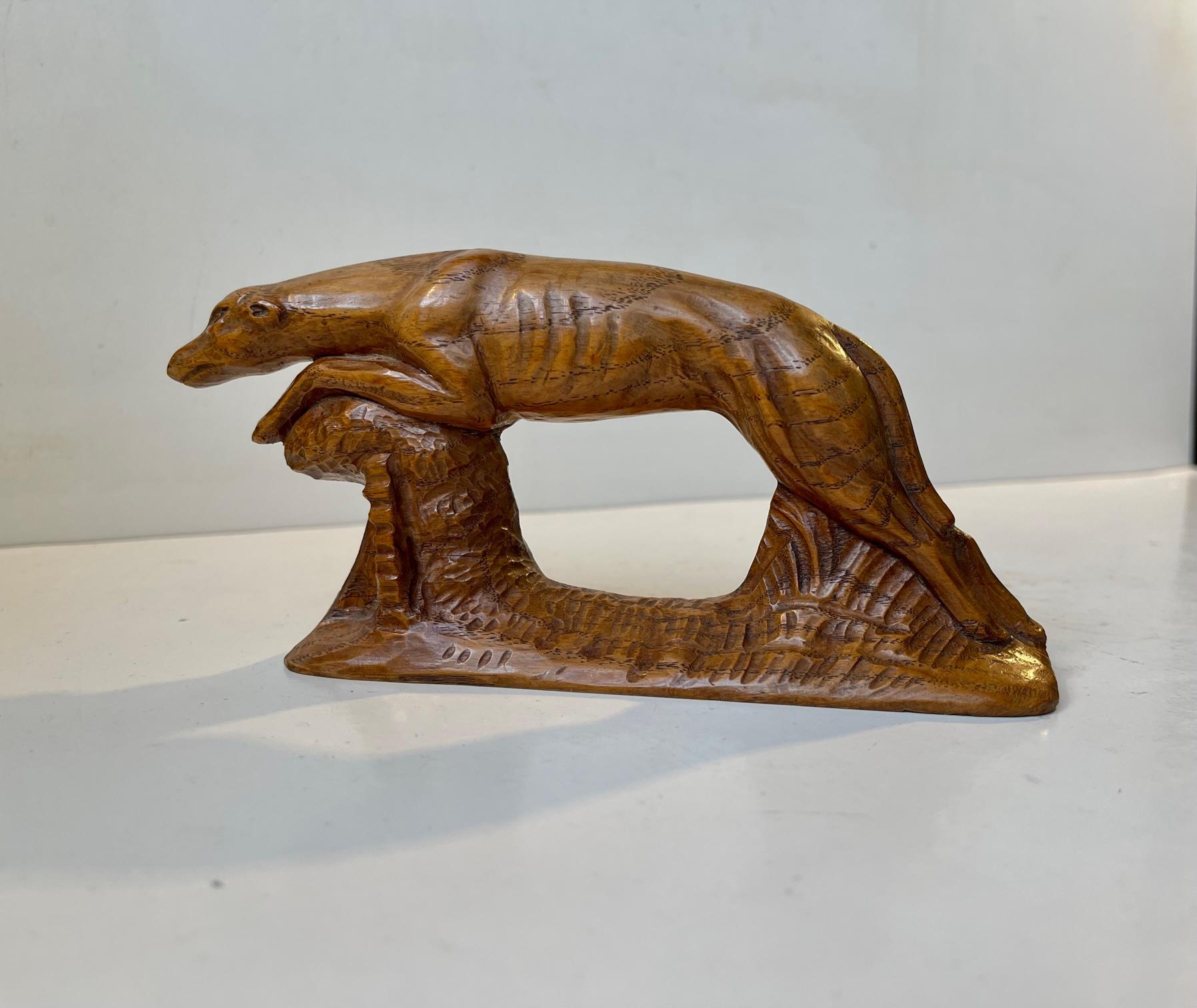 Late Victorian Antique Scandinavian Running Greyhound Hand-Carved in Oak For Sale