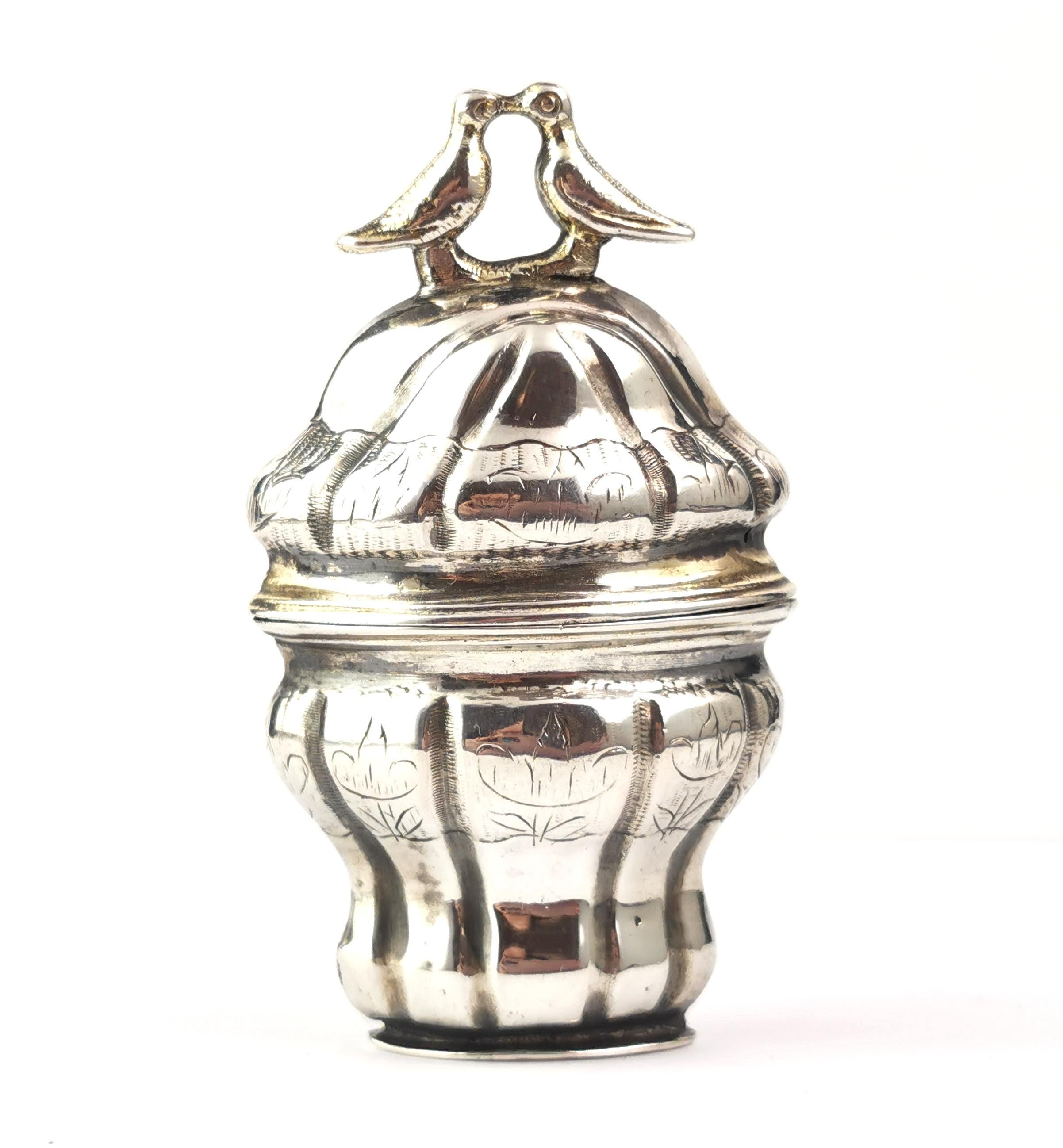 Rococo Antique Scandinavian silver marriage box, love birds, 18th century  For Sale