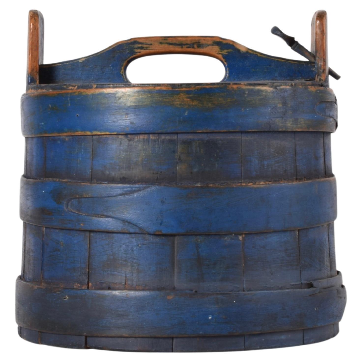 Antique Scandinavian Wooden Container Tejne Original Blue Paint, Sweden ca 1850s