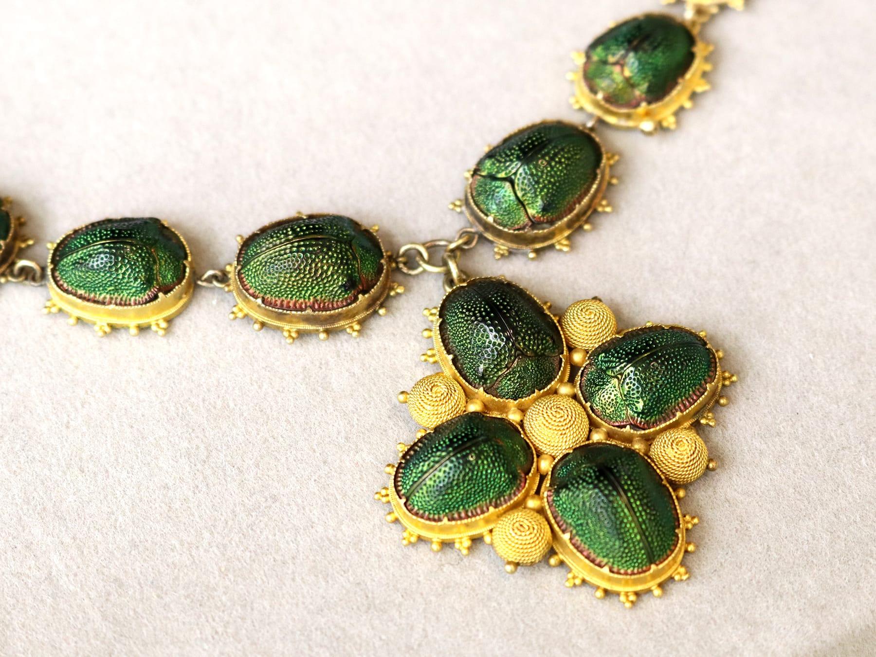 Women's or Men's Antique Scarab Beetle and 22k Yellow Gold Necklace Circa 1840 For Sale