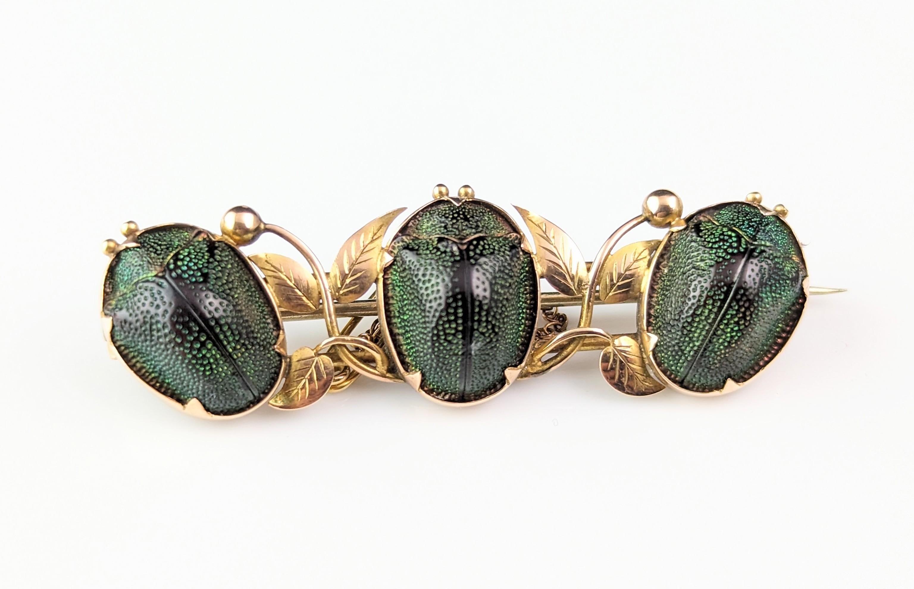 Antique Scarab beetle brooch, 9k gold, Leaves, Egyptian revival  6