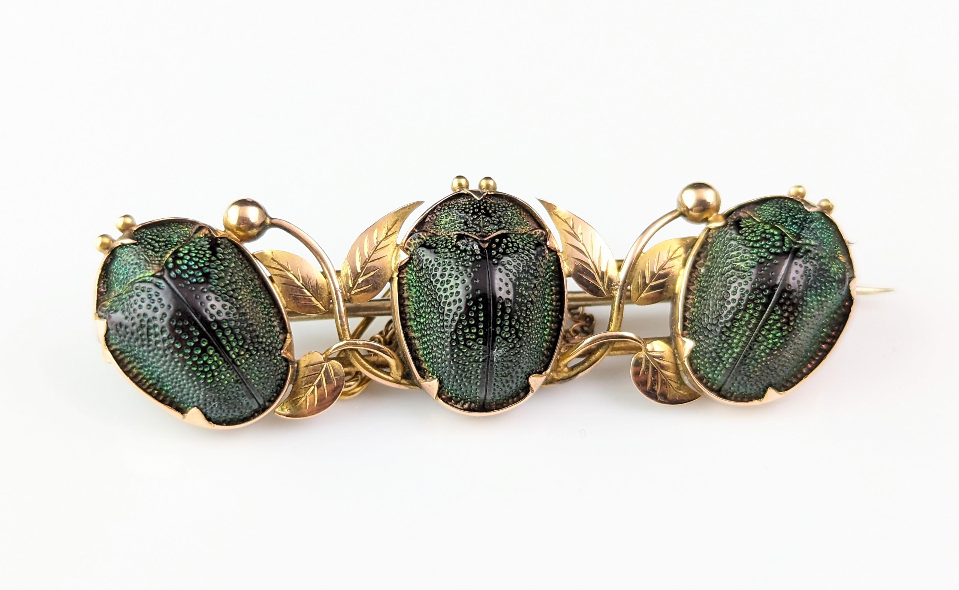 Antique Scarab beetle brooch, 9k gold, Leaves, Egyptian revival  8