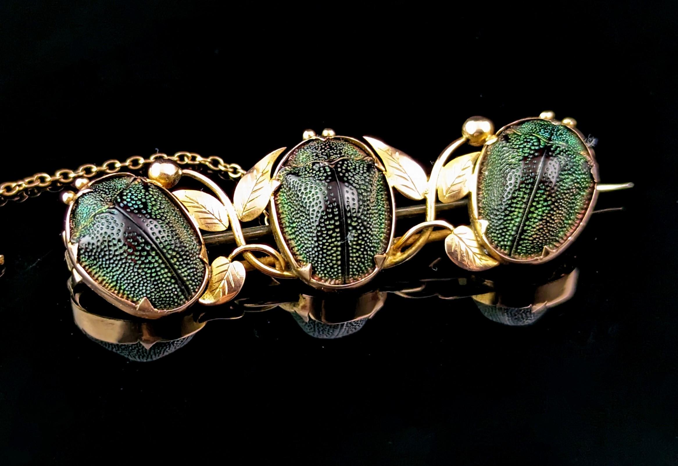 The insect jewellery of the Victorian and Edwardian eras is always popular, like this gorgeous antique, Egyptian revival, 9ct gold and triple scarab beetle brooch.

This piece is a particularly fine example, it features three real scarab beetles,