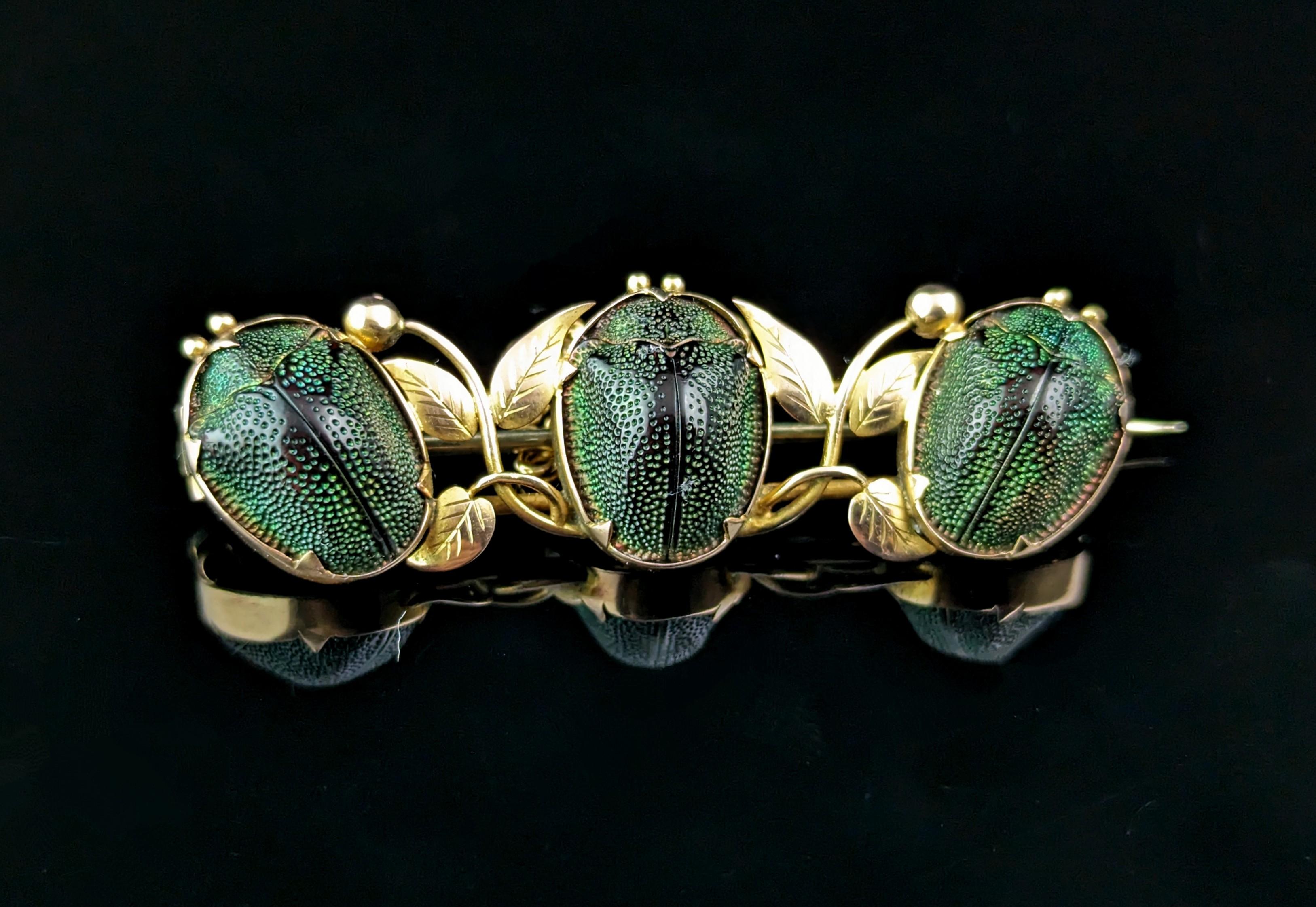 Egyptian Revival Antique Scarab beetle brooch, 9k gold, Leaves, Egyptian revival 