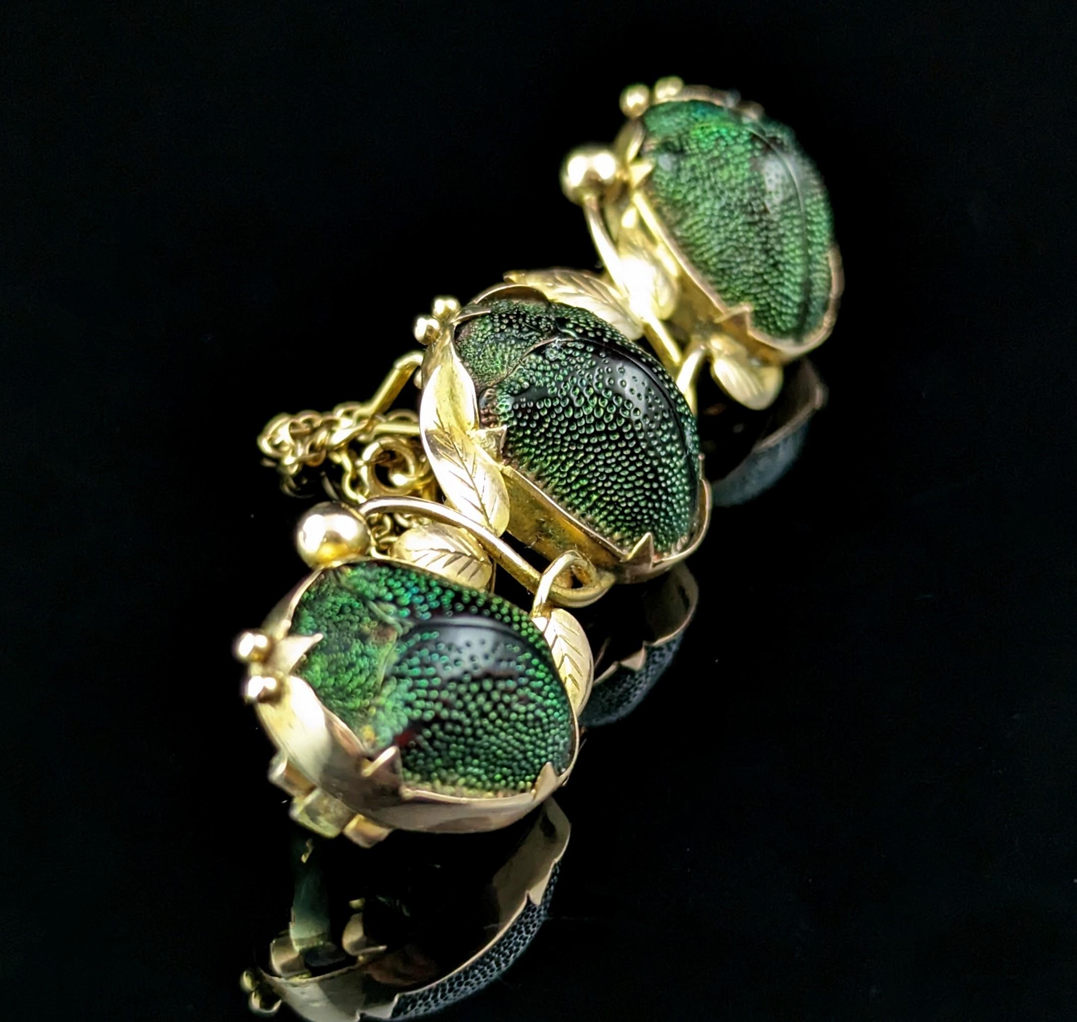 Women's or Men's Antique Scarab beetle brooch, 9k gold, Leaves, Egyptian revival 
