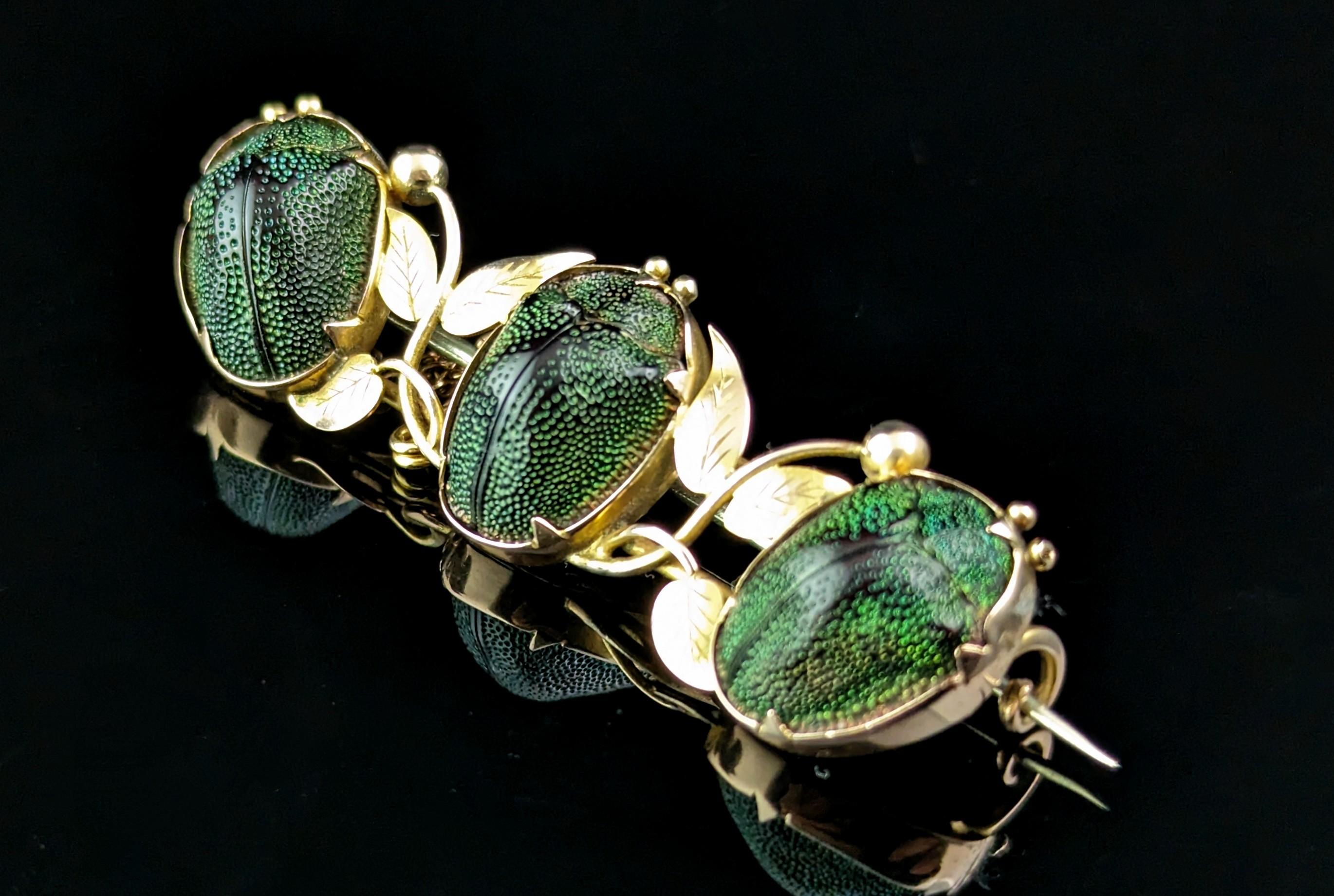 Antique Scarab beetle brooch, 9k gold, Leaves, Egyptian revival  4