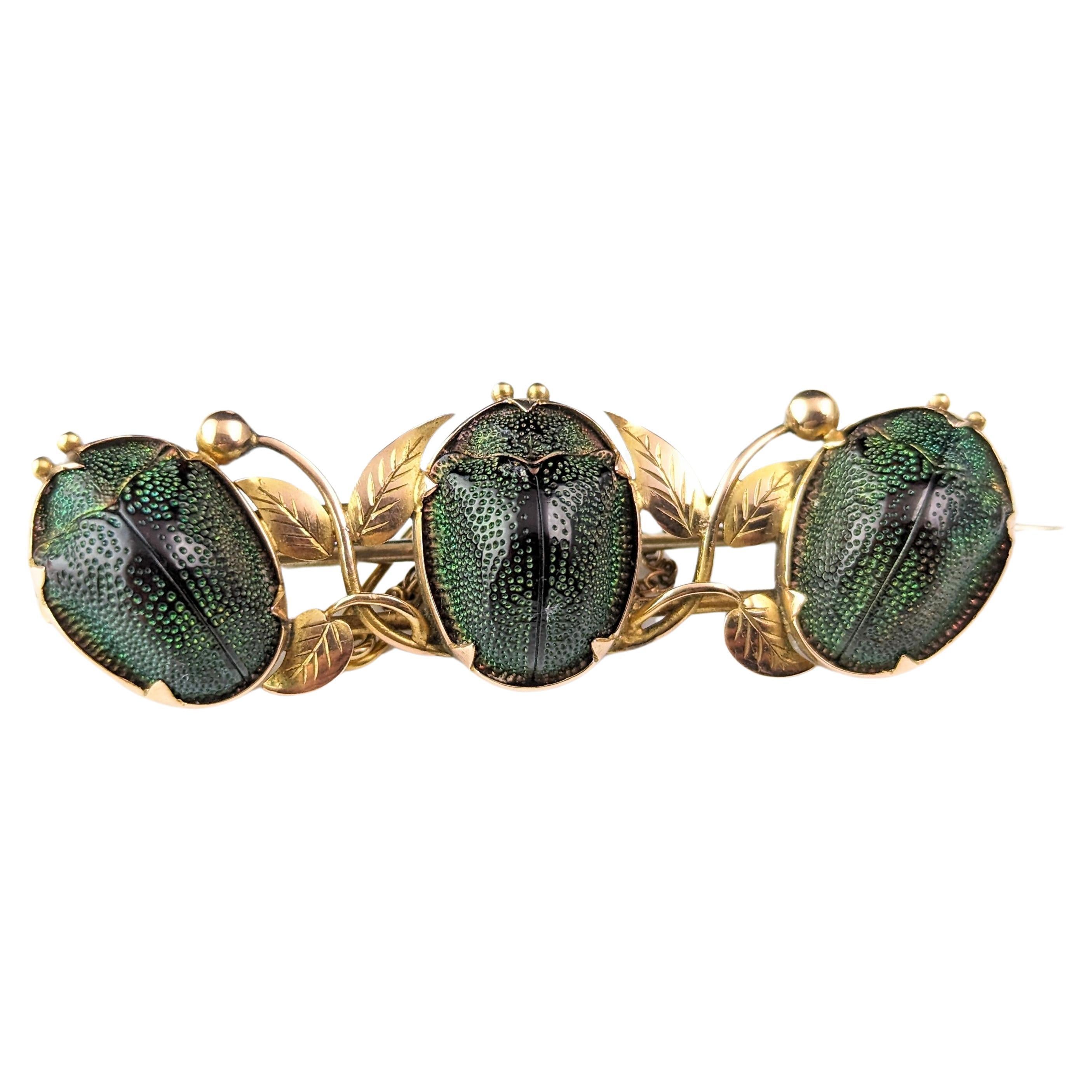 Antique Scarab beetle brooch, 9k gold, Leaves, Egyptian revival 