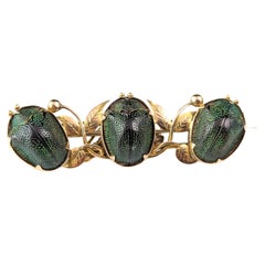 Antique Scarab beetle brooch, 9k gold, Leaves, Egyptian revival 