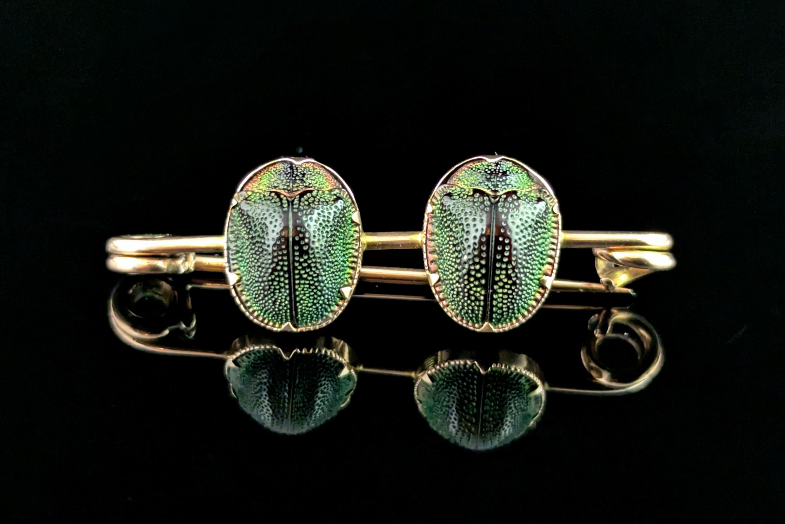 The insect jewellery of the Victorian and Edwardian eras is always popular, like this gorgeous antique, Egyptian revival, 9ct yellow gold and scarab beetle brooch.

This piece features two real scarab beetles, claw set to the centre in rich 9ct gold