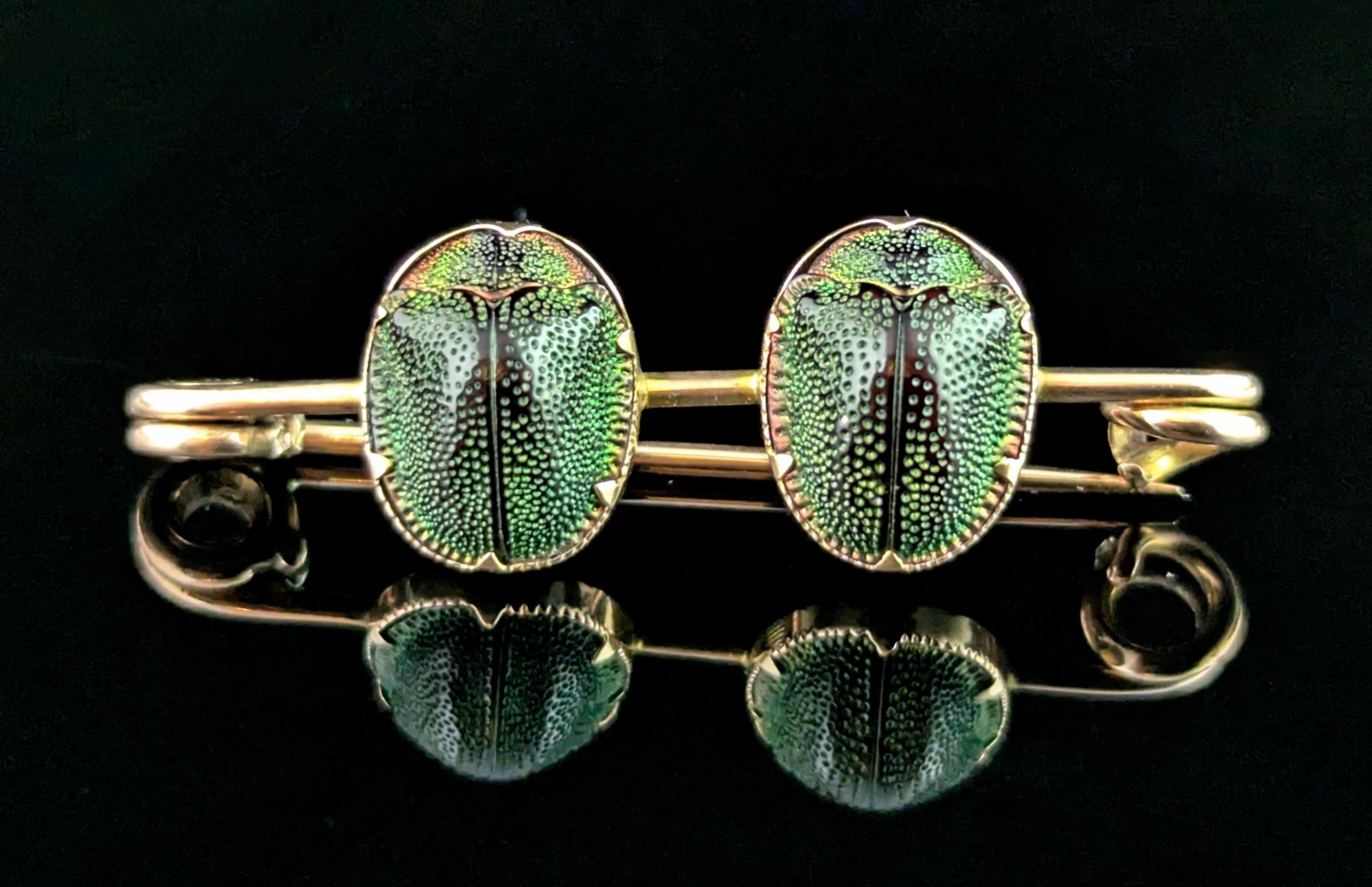 Egyptian Revival Antique Scarab beetle brooch, 9k yellow gold