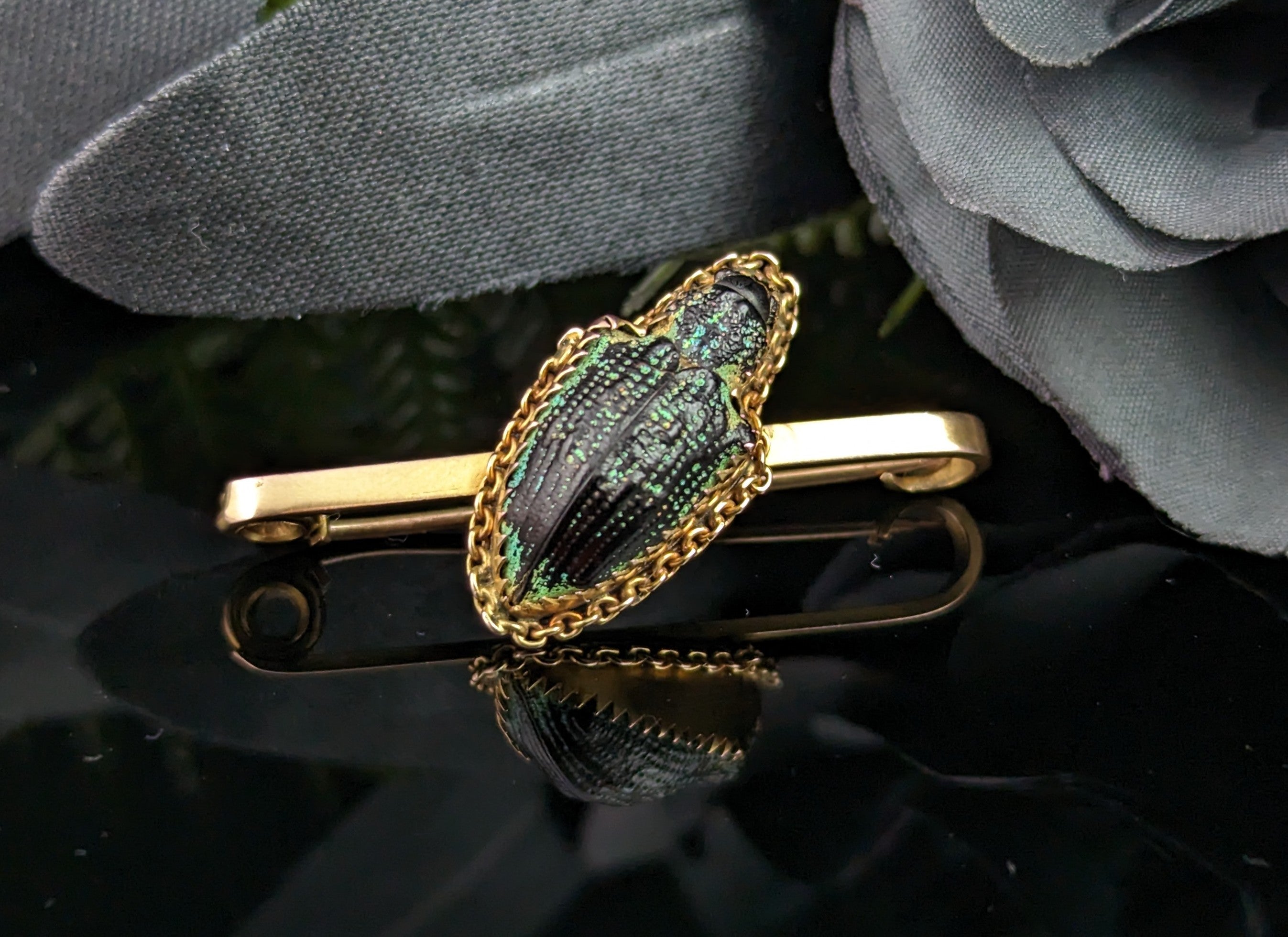 The insect jewellery of the Victorian and Edwardian eras is always popular, like this gorgeous antique, Egyptian revival, 9kt gold and scarab beetle brooch.

This piece features a real scarab beetle, claw set to the centre in a bloomed 9kt gold