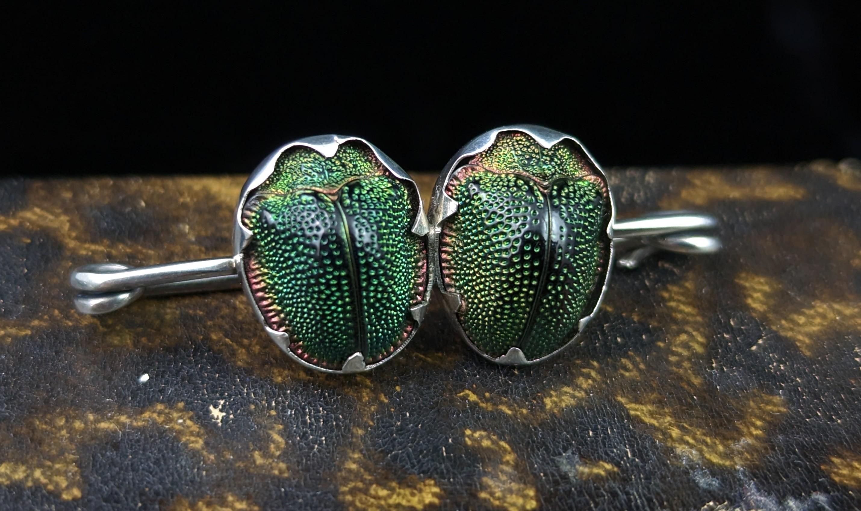 Antique Scarab Beetle Brooch, Egyptian Revival, Sterling Silver In Good Condition In NEWARK, GB