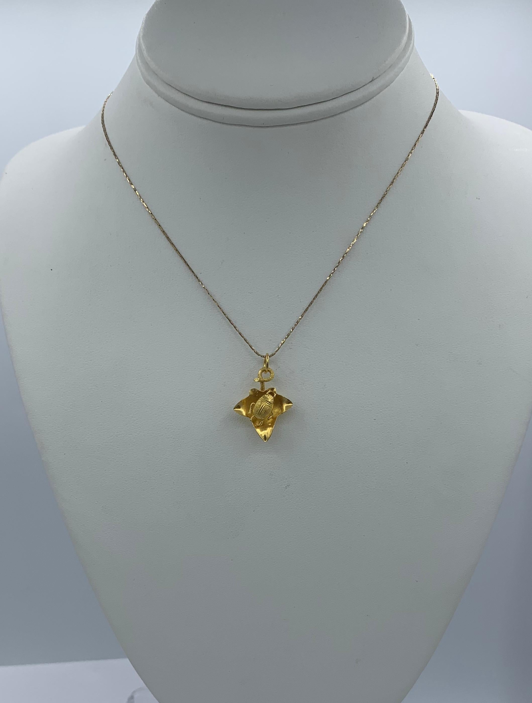 Women's or Men's Antique Scarab Beetle Bug Insect Leaf Pendant 18K Gold French Victorian For Sale