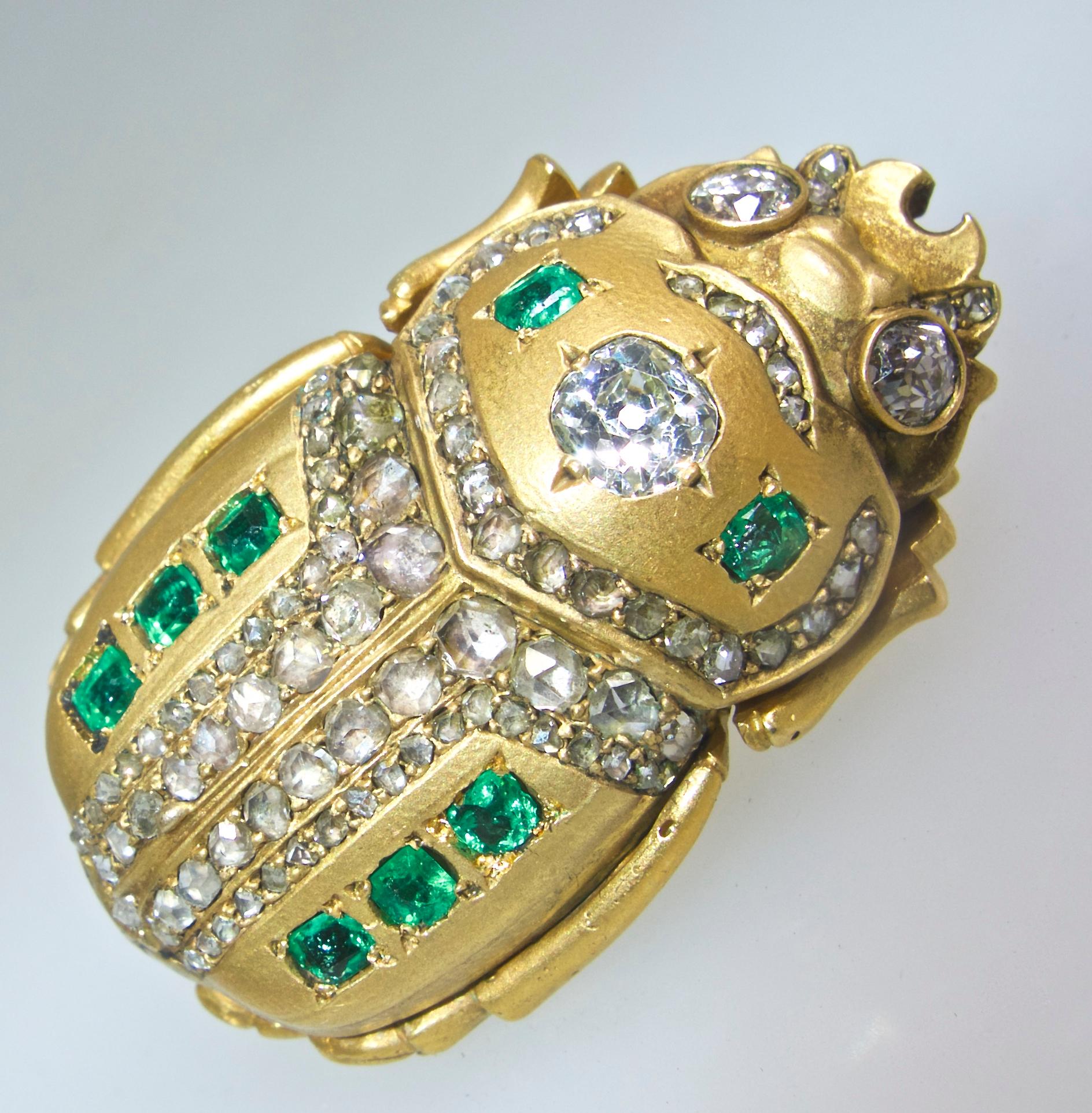 Victorian Antique Scarab Brooch with Emeralds and Diamonds, French, circa 1860