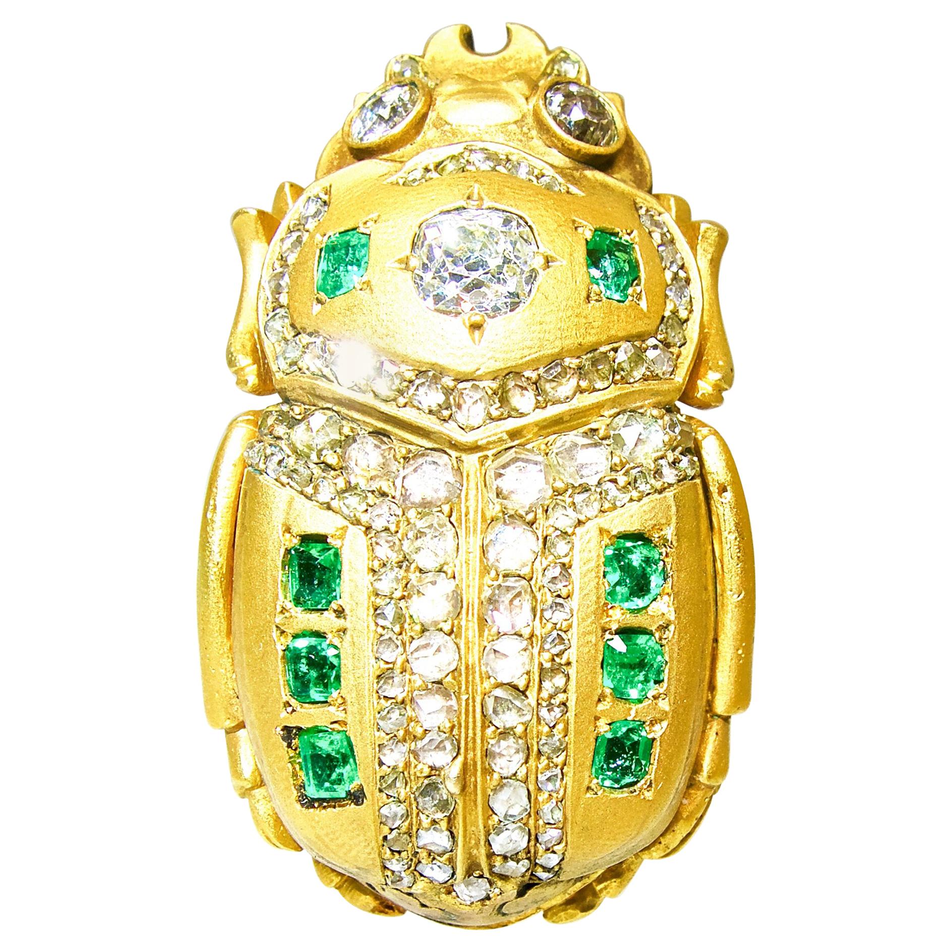 Antique, mid 19th century, this 18K well made scarab is one of the finest of this type we have seen.  He is large, well modeled - in three dimensions - heavy and substantial.  His back is studded with old cut diamonds both Mine cut and rose cut and