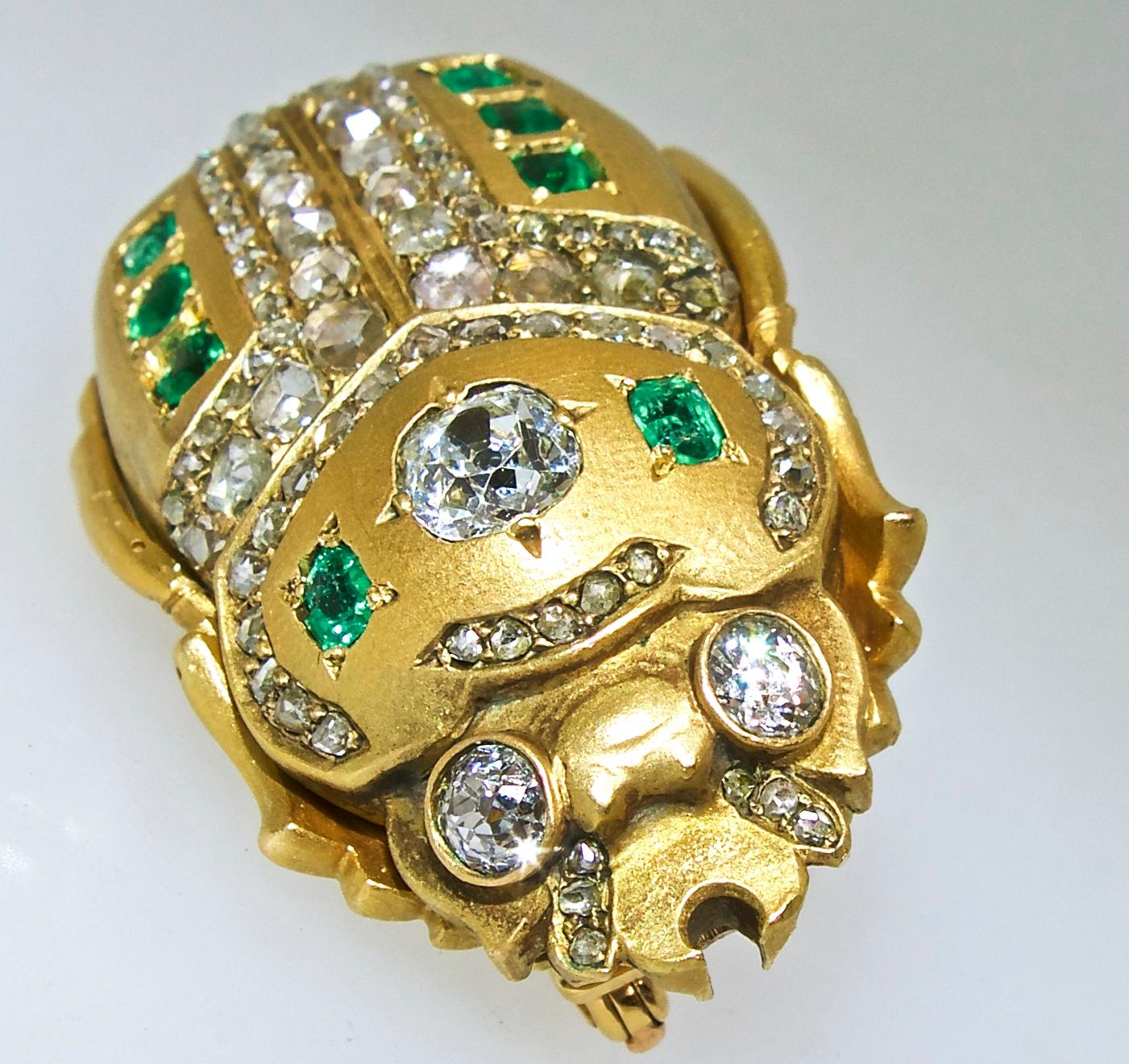 Victorian Antique Scarab Brooch with Emeralds and Diamonds, French, circa 1860