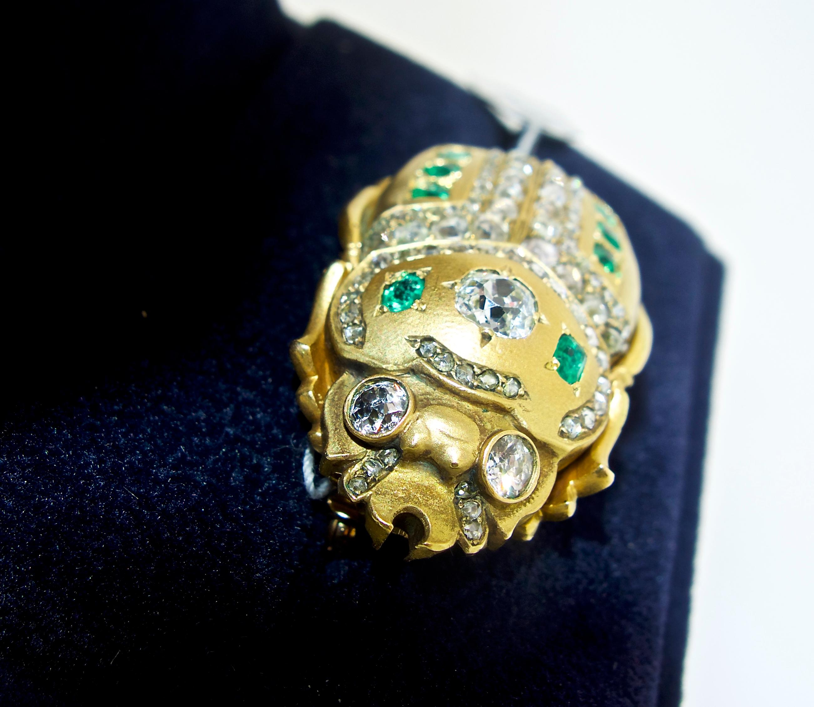 Women's or Men's Antique Scarab Brooch with Emeralds and Diamonds, French, circa 1860