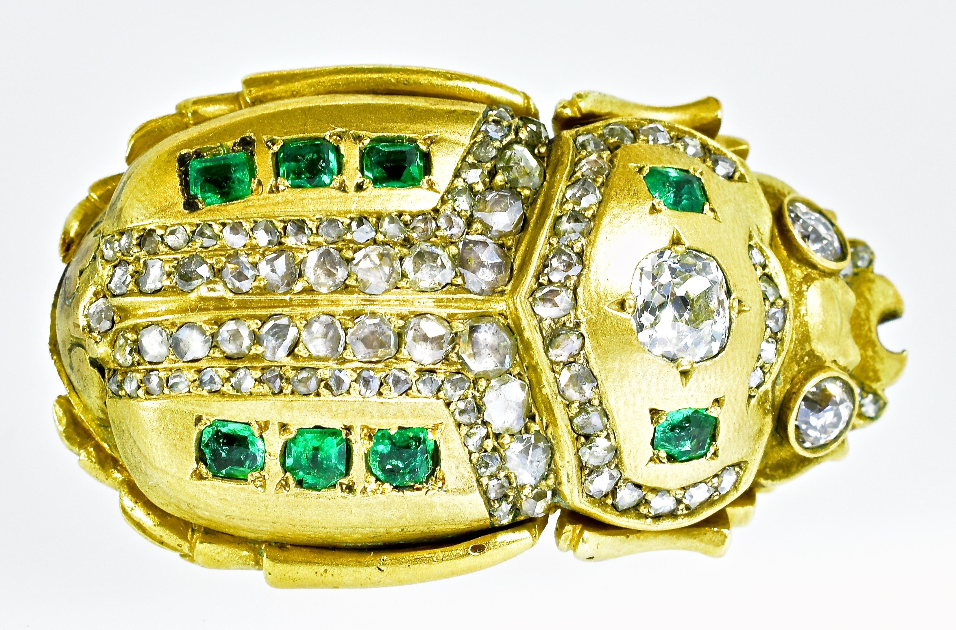 Antique Scarab Brooch with Emeralds and Diamonds, French, circa 1860 2