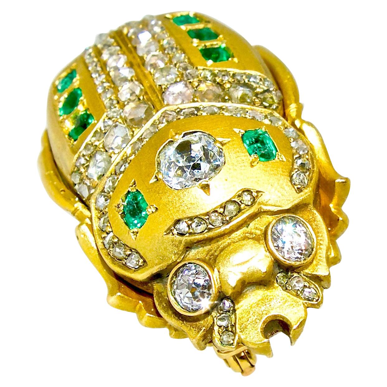 Antique Scarab Brooch with Emeralds and Diamonds, French, circa 1860