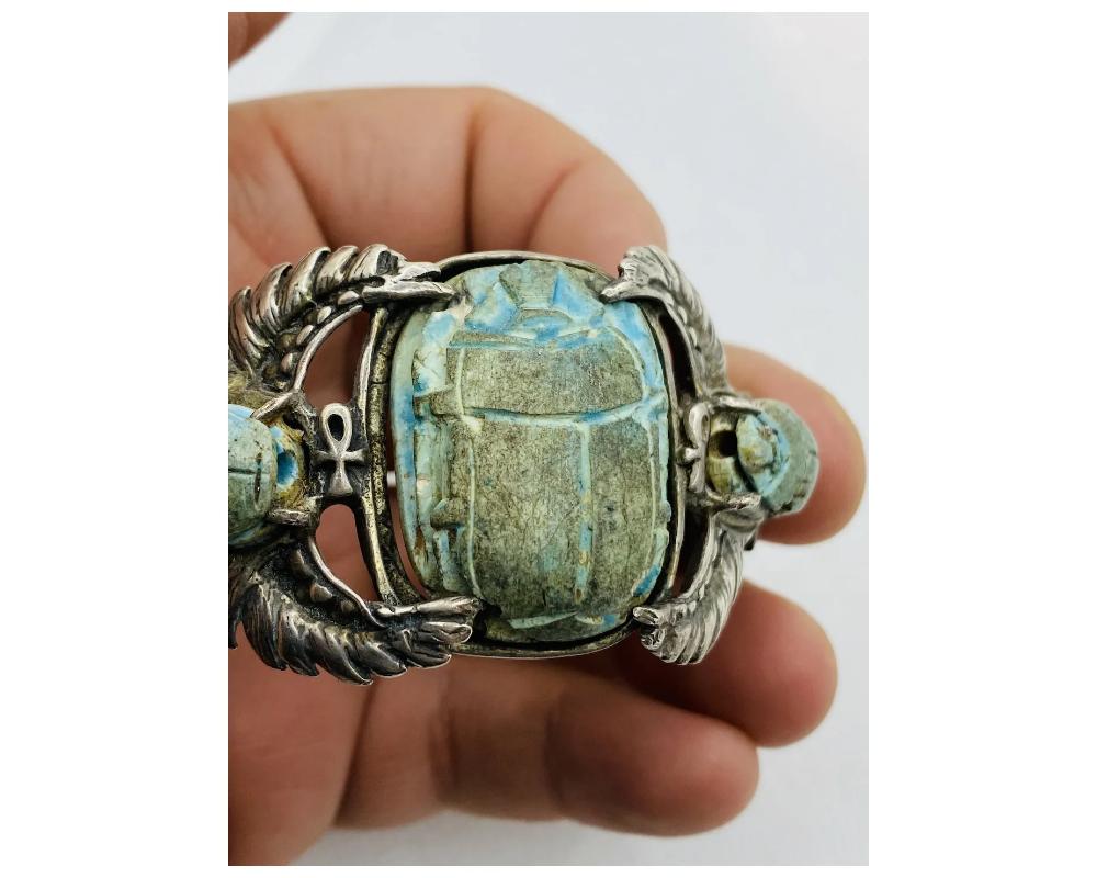 Antique Scarab Egyptian Faience Bangle Cuff In Good Condition For Sale In New York, NY
