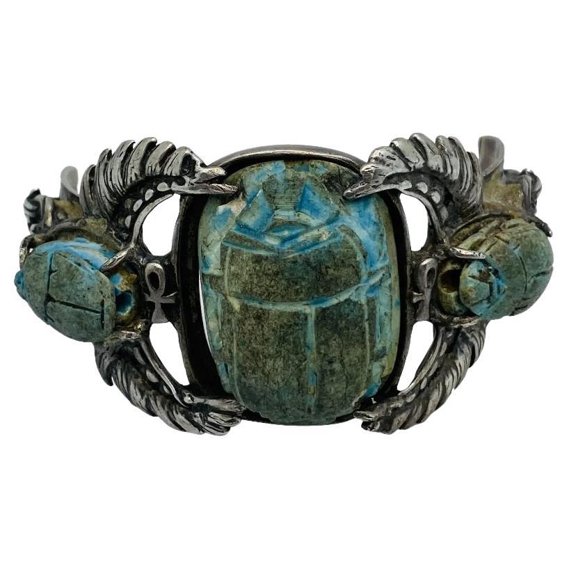 Antique Scarab Egyptian Faience Bangle Cuff For Sale
