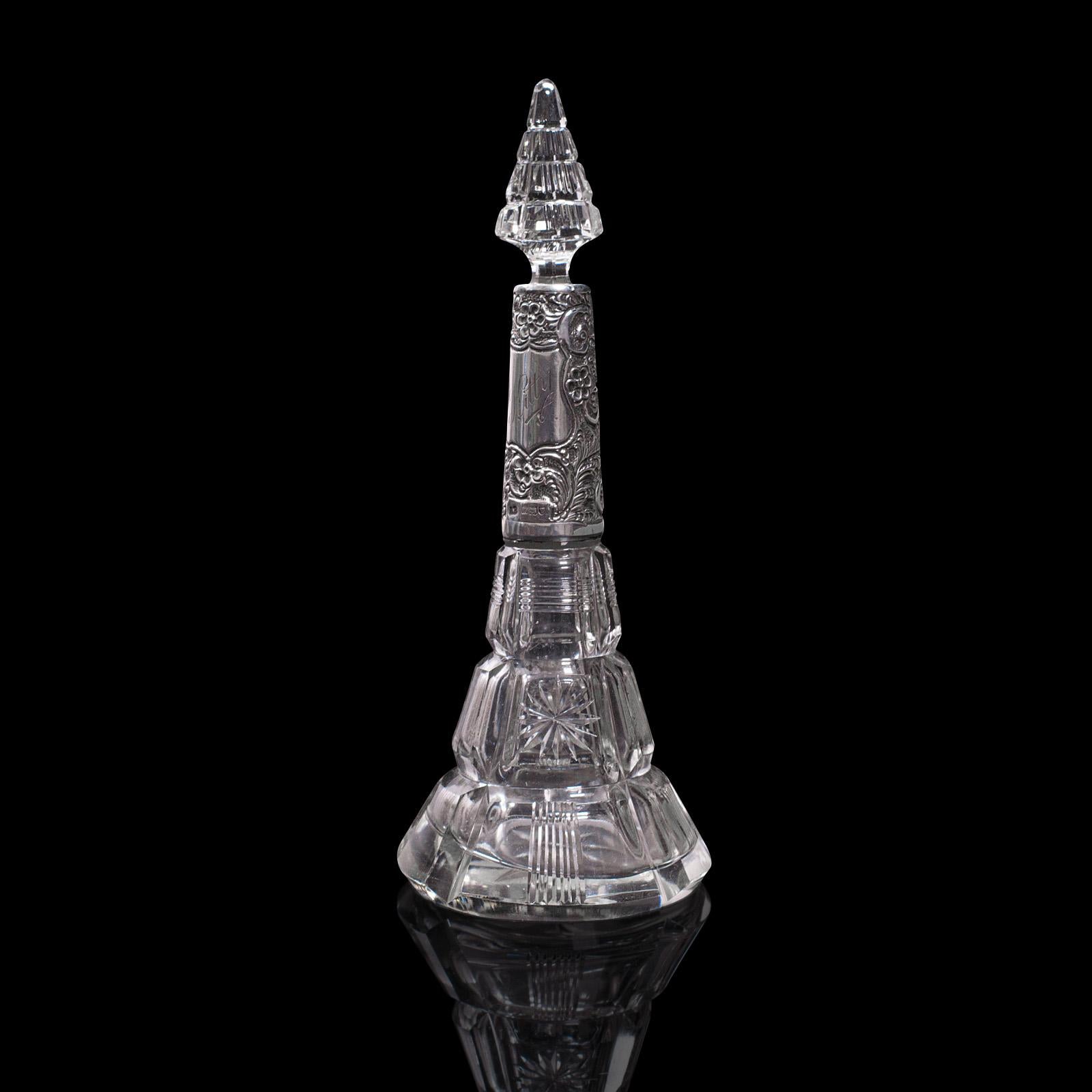 British Antique Scent Bottle, English, Glass, Silver, Perfume, Hallmarked, London, 1912