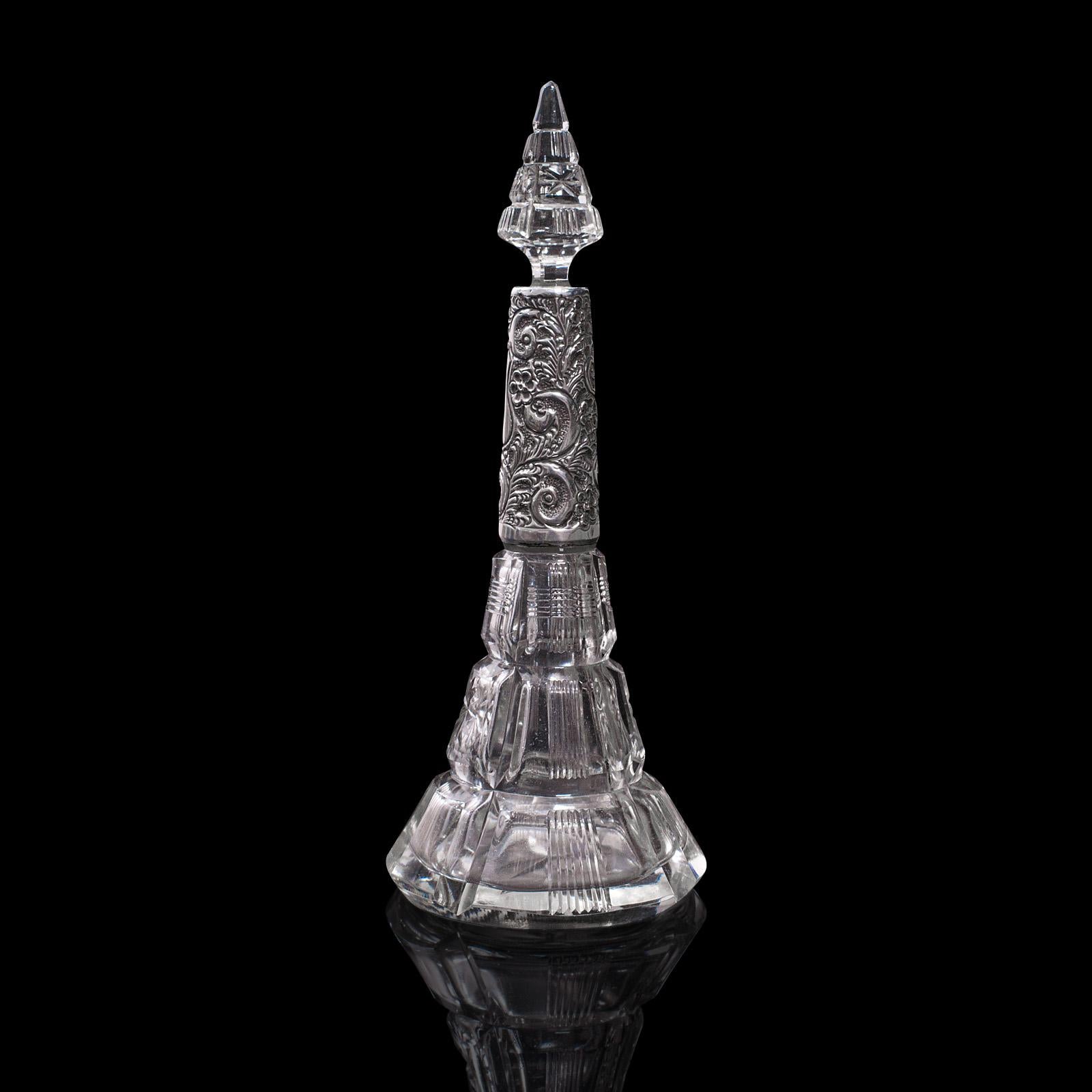 20th Century Antique Scent Bottle, English, Glass, Silver, Perfume, Hallmarked, London, 1912