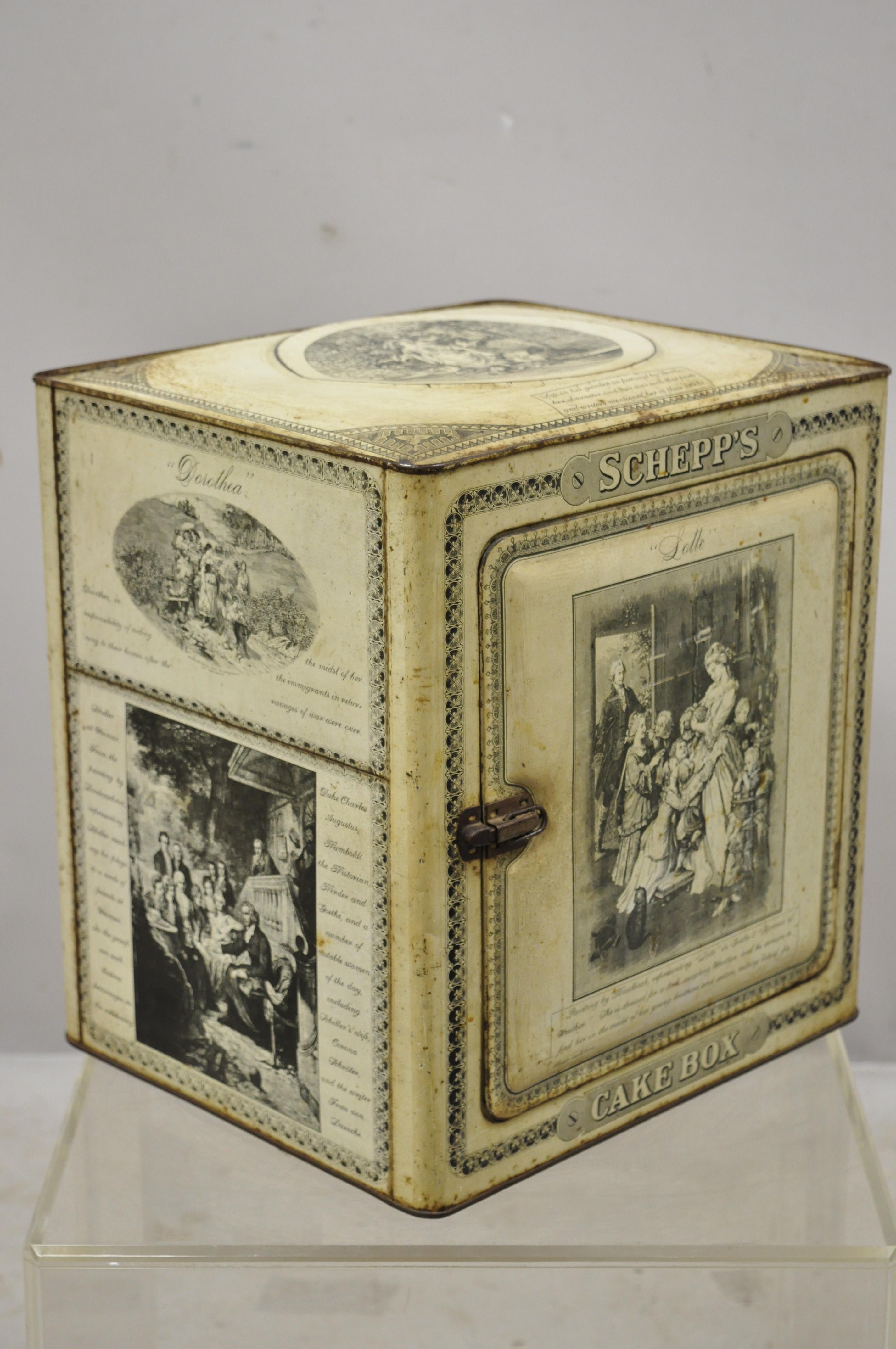 Antique Schepp's cake box advertising French lithographs tin metal. Item features beautiful Victorian French style lithographs all around, interior shelf, tin metal construction, very nice antique item, great style and form. Circa early 1900s.