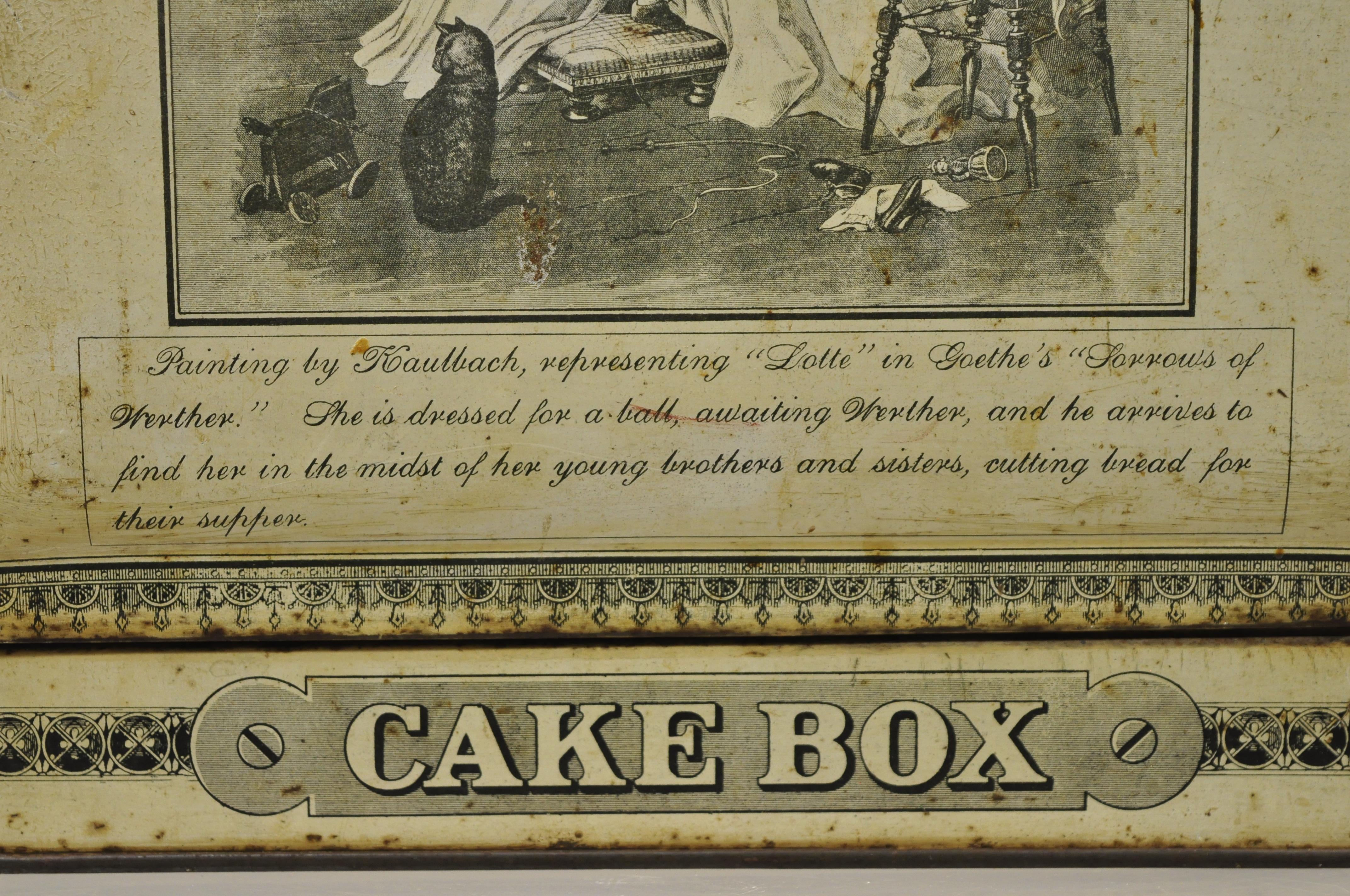 Antique Schepp's Cake Box Advertising French Lithographs Tin Metal In Good Condition In Philadelphia, PA