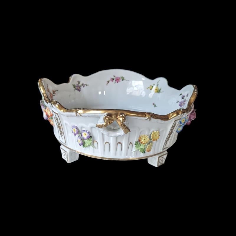 Rococo Antique Schierholz Porcelain Floral Bowl With Gold Gilt Accents For Sale