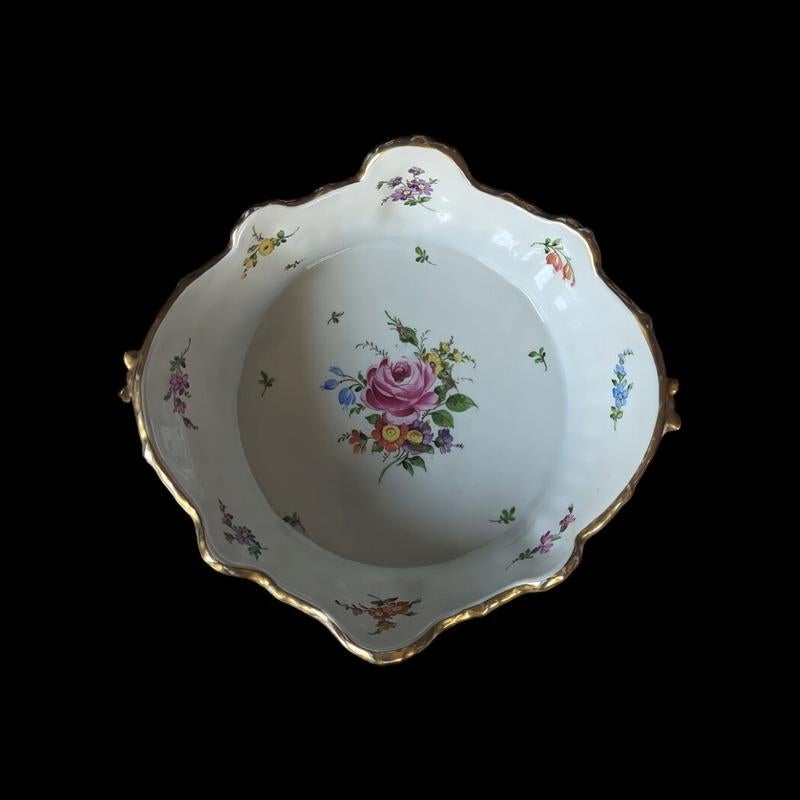 German Antique Schierholz Porcelain Floral Bowl With Gold Gilt Accents For Sale