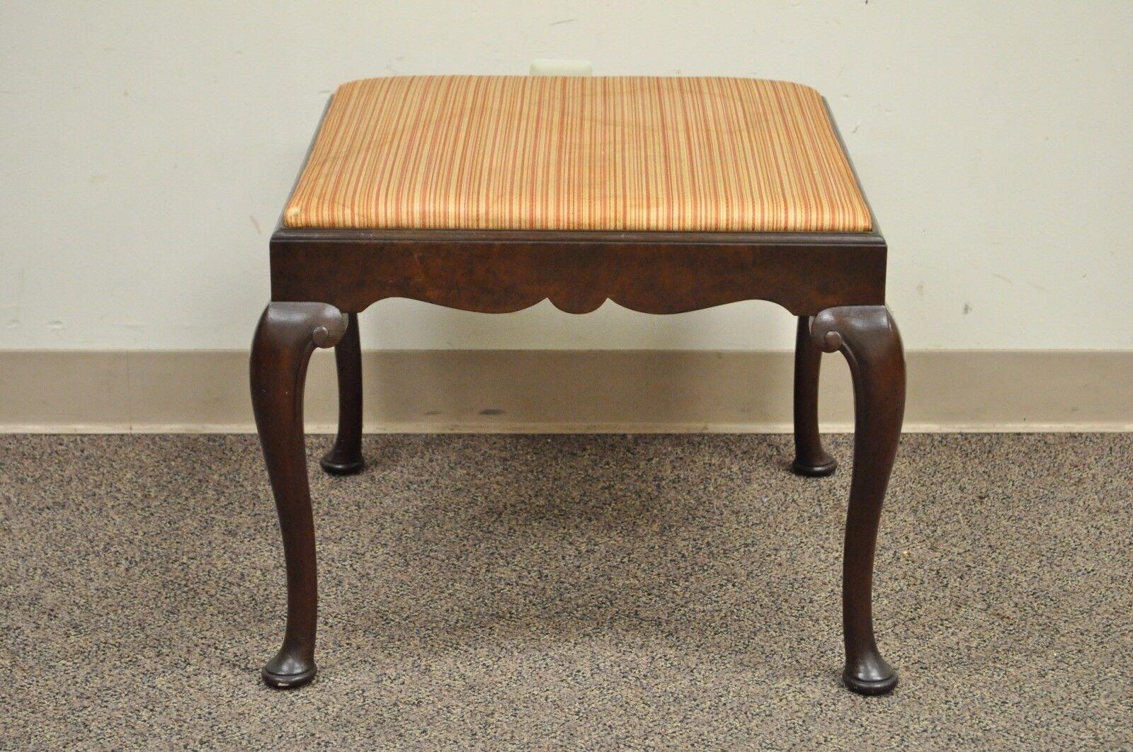 Antique Crotch Mahogany Queen Anne Style Square Stool by Schmieg & Kotzian. Item features solid wood construction, Queen Anne Legs, Pad Feet, Shaped Skirt, Classic Traditional Form, Great Quality and Construction, Marked 