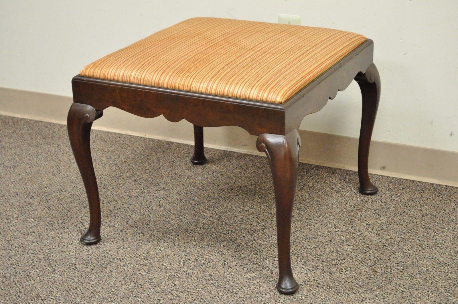 Antique Schmieg & Kotzian Mahogany Wood Queen Anne Square Stool Bench Ottoman For Sale 4