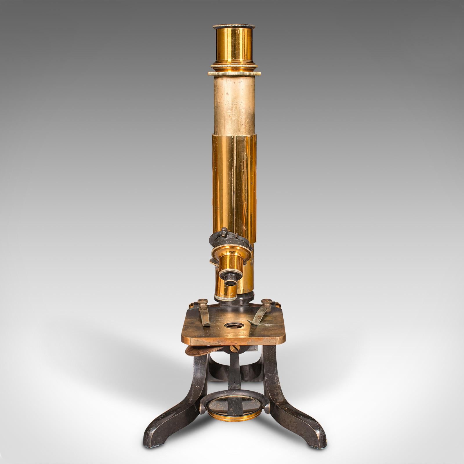 Late Victorian Antique Scholar's Microscope, English, Brass, Scientific Instrument, Victorian For Sale