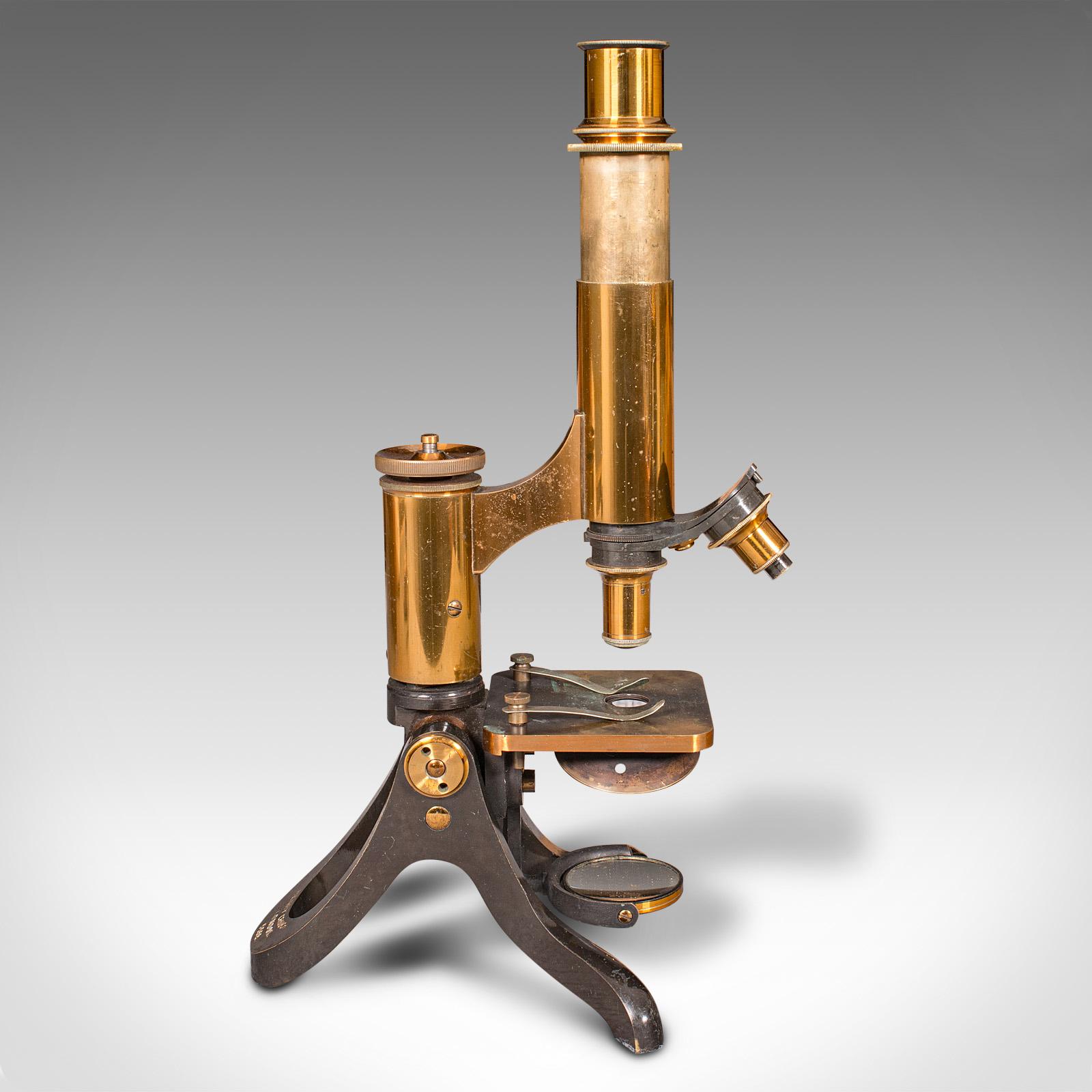 British Antique Scholar's Microscope, English, Brass, Scientific Instrument, Victorian For Sale