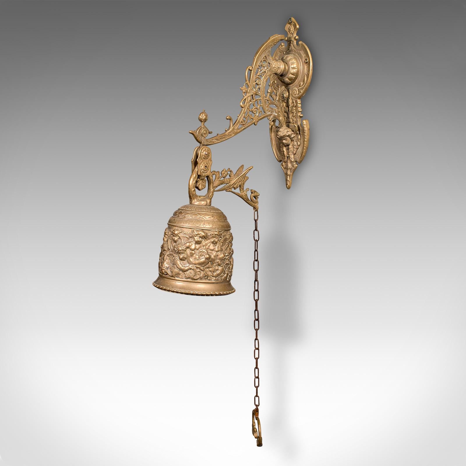 European Antique School Bell, Continental, Brass, Wall Mounted Chime, Ornate, Victorian For Sale